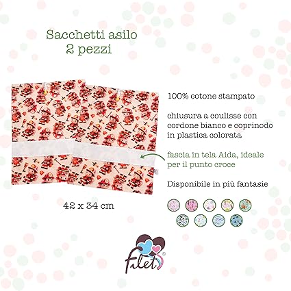 Set 2 Sacchetti Asilo In Cotone Stampato - Con Tela Aida Per Ricamare Nome Made In Italy - Foto 5