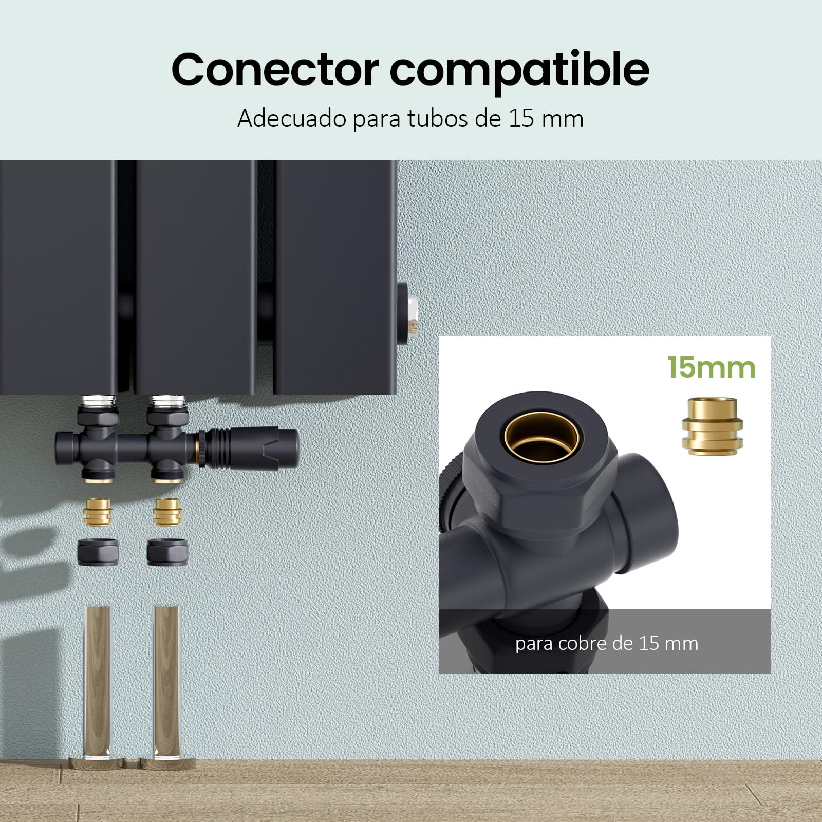 S'AFIELINA Multiblock Radiador con Válvula Termostática, Antracita 2 Pieza | Kit para Radiadores y Toalleros de Baño, Válvula de Cierre, Conexión para Tubo de Cobre 15 mm