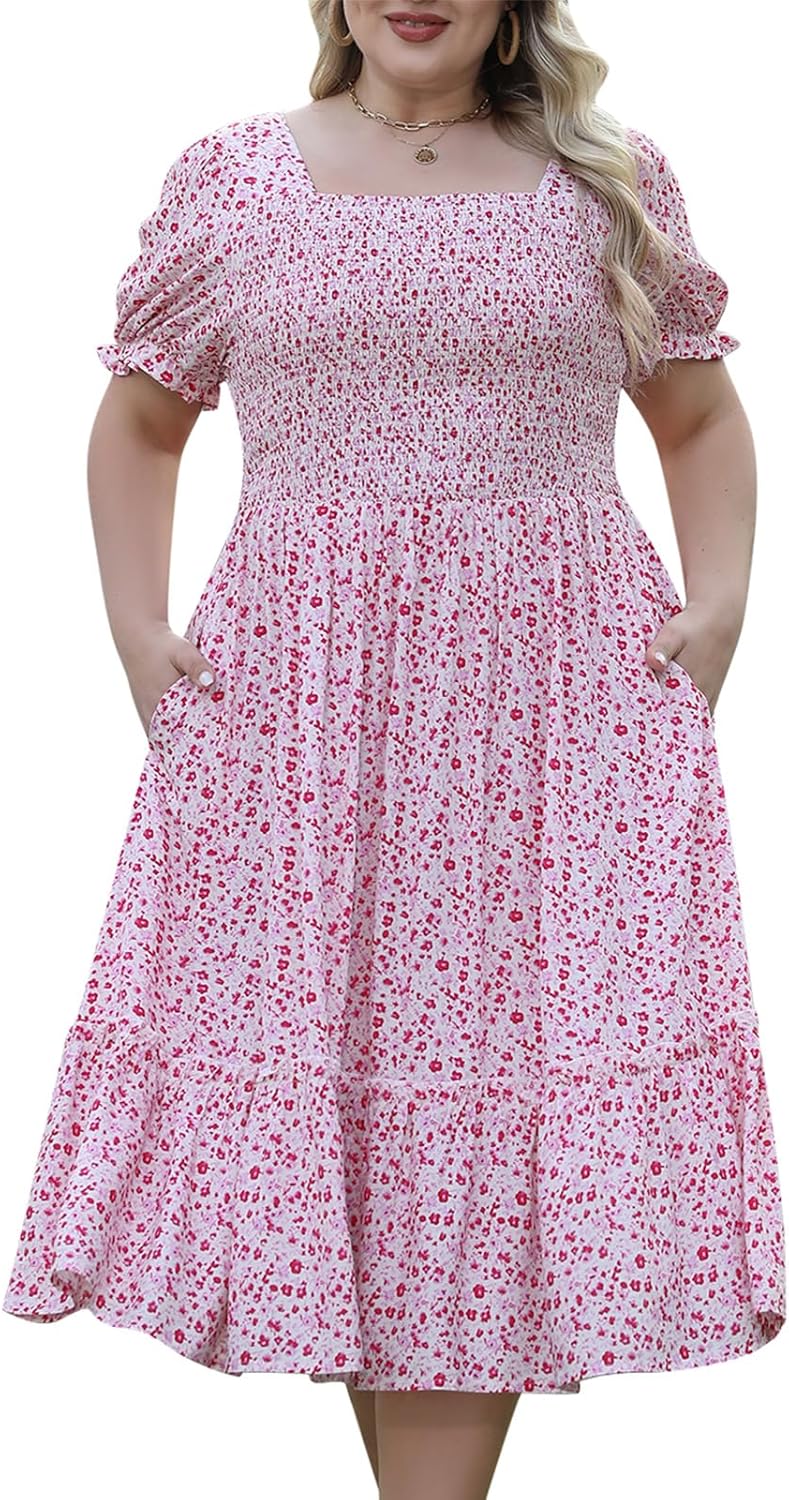 Nemidor Womens Casual Plus Size Midi Dress Summer Floral Print Puff Sleeve Smocked Long Boho Dresses with Pocket 16-26