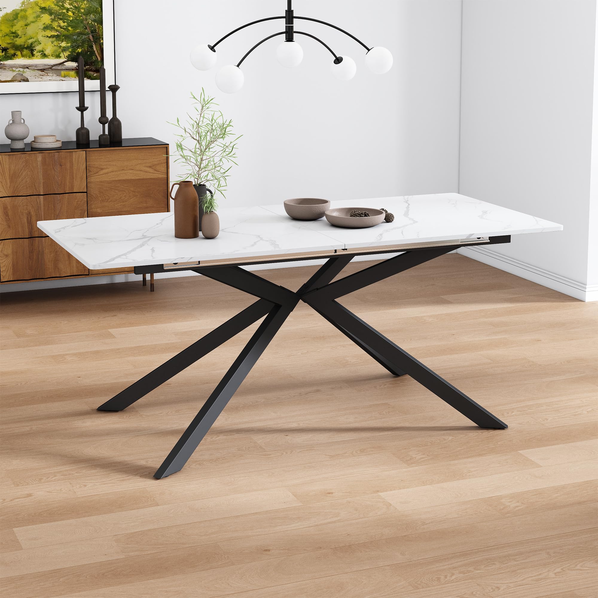 Merax Extendable Dining Table, Automatic Extension Rectangular Table, Cross Leg Design Coffee Table with Marble Texture, L150/180 x W70 x H75.5 cm,White