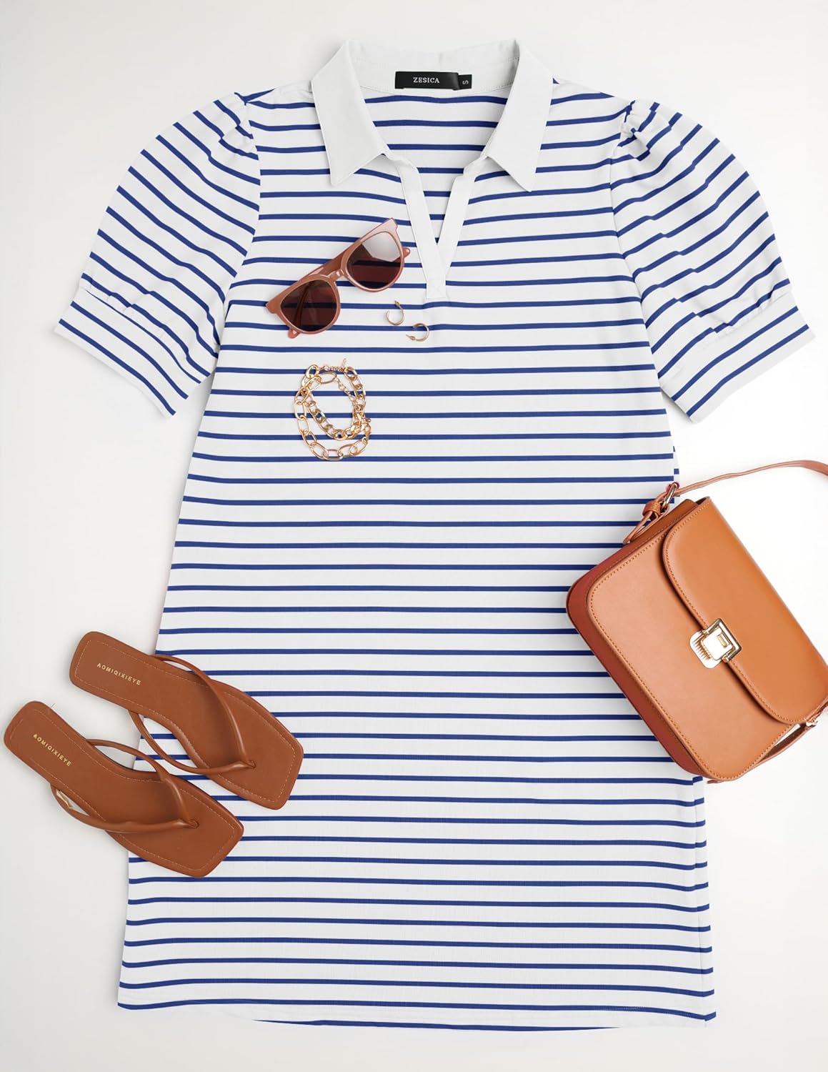 ZESICA Womens Summer Striped T Shirt Mini Dresses 2026 Casual Lapel V Neck Short Sleeve Flowy A Line Beach Vacation Dress - Image 5
