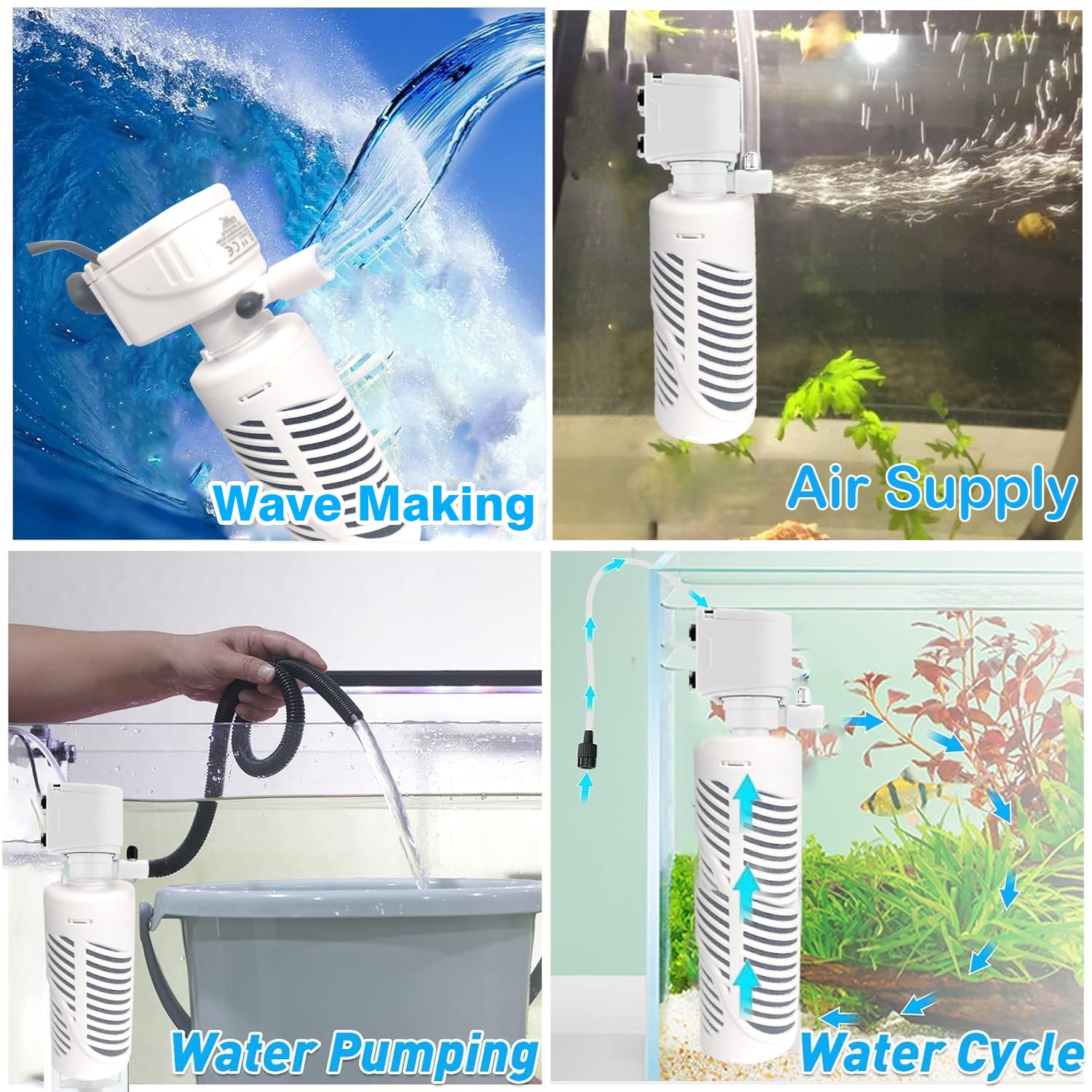 Diagram illustrating the 4-in-1 functions of the VENUS AQUA aquarium filter: Wave-Making, Water Pumping, Air Supply, and Water Cycle.