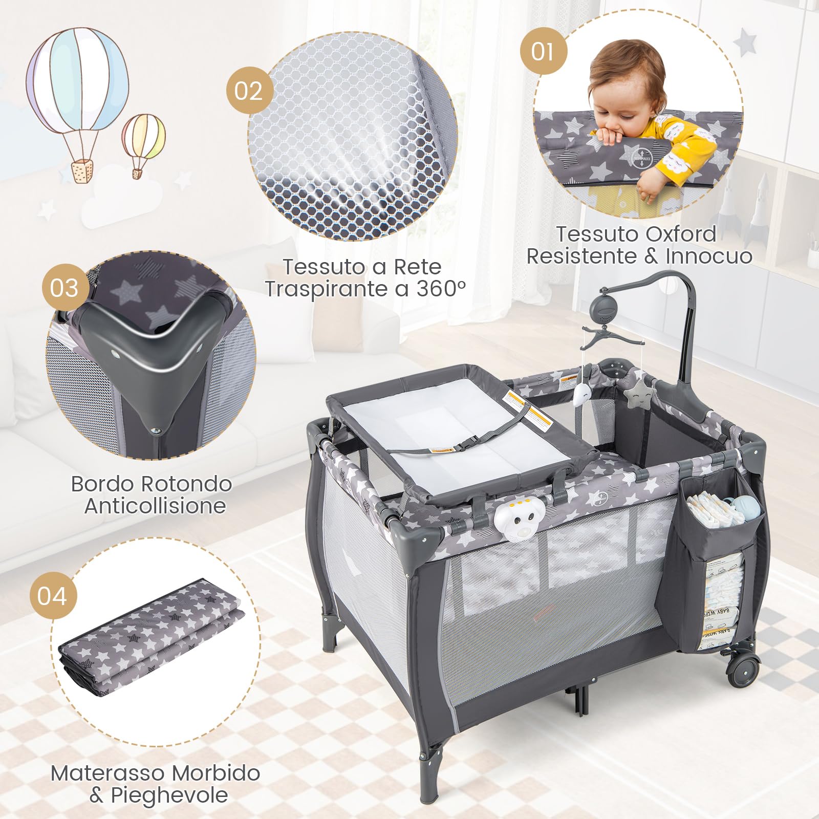 COSTWAY 3 In 1 Lettino da Campeggio per Bambini, Lettino con Materasso Portatile per Neonati, Culla Pieghevole per Neonati con Fasciatoio, Carillon e Ruote con Freno, per Bambini 0-36 Mesi (Grigio)