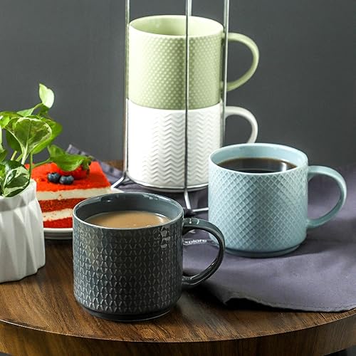 Miniatura 7 de Tazas de café apilables con soporte, tazas de cerámica en relieve de 15 onzas, juego de 4 tazas para café, café con leche, té, bonitas tazas de
