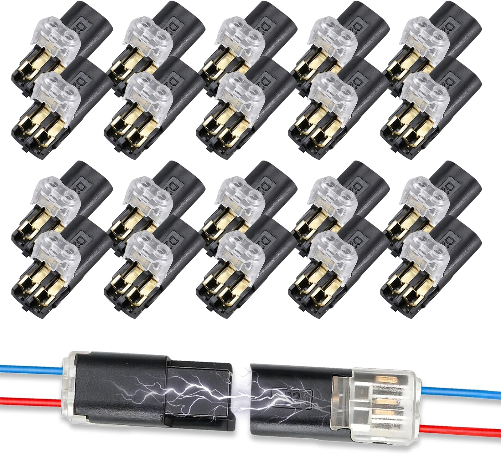 20PCS Chedin Double Wire Plug in Connector,Low Voltage Wire Connector,Quick Disconnect 2 Pin Led Connector No Wire Stripping Cutting, Light Led Strip Connectors with Locking Buckle 18-22AWG