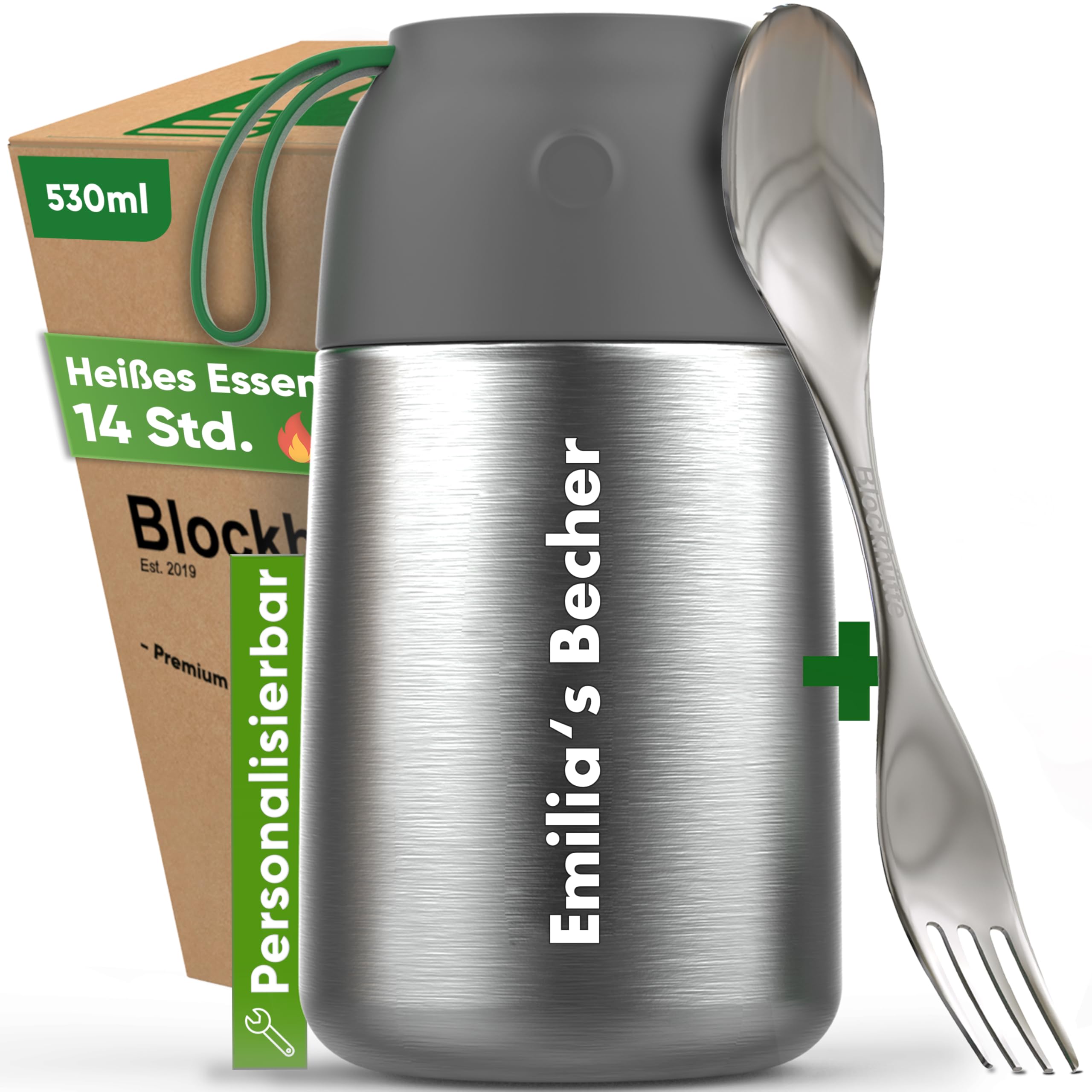 Blockhütte Thermobehälter 530 ml I Personalisierte Geschenke für Männer, Frauen mit Löffel, Müsli Lunchbox, Joghurtbecher to go für Porridge, Geburtstagsgeschenk, Thermobecher mit Deckel