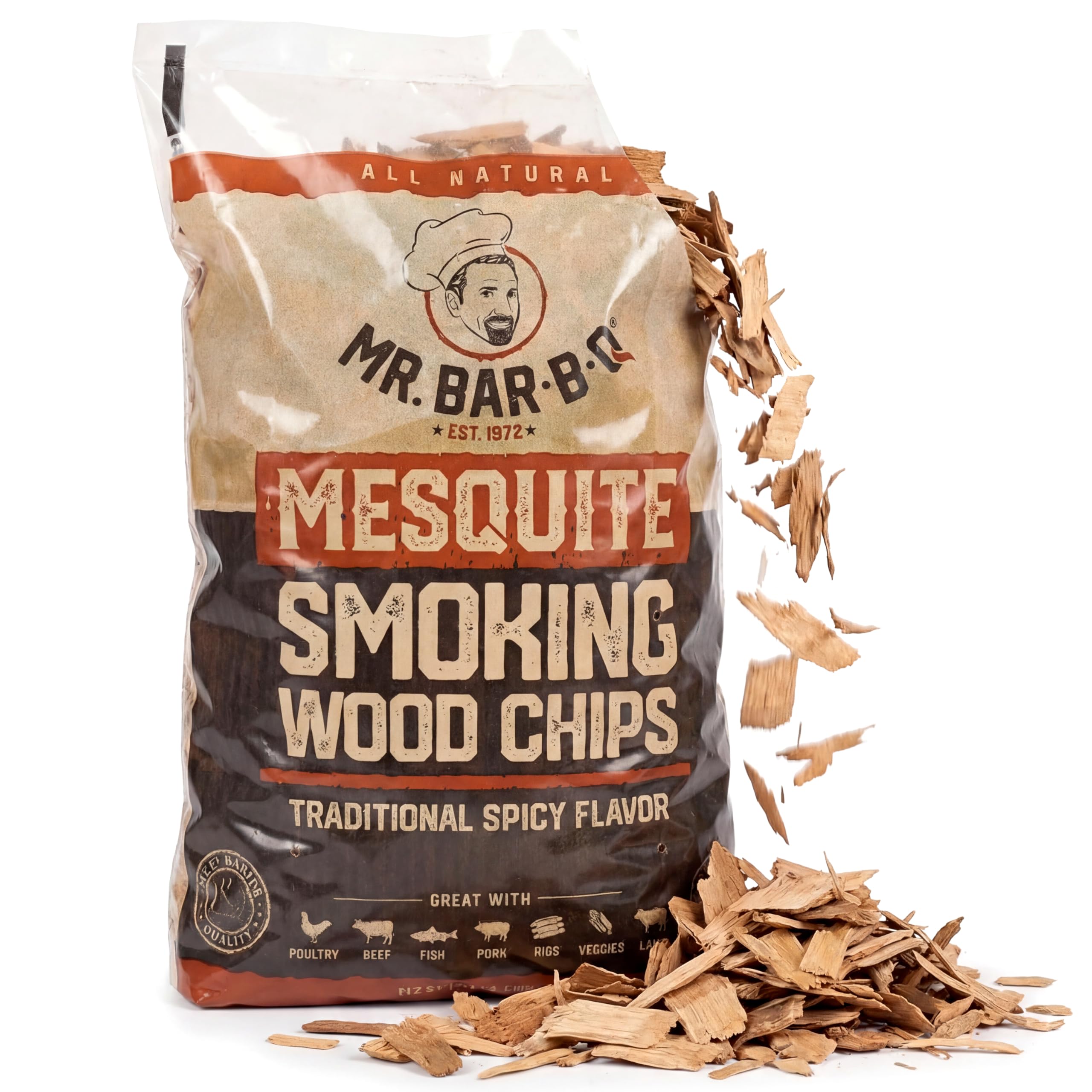 Mr. Bar-B-Q Mesquite Wood Smoker Chips, 100% All Natural Mesquite Wood Smoking Chips for Smokers, Works on Any Heat Source, Traditional Spicy Flavor for Backyard BBQ, Grilling &amp; Camping (1.8 Lb Bag)