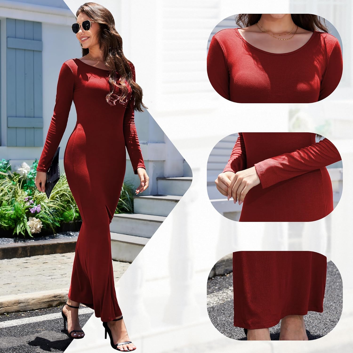 Long Sleeve Maxi Dress for Women Bodycon Ribbed Tight Sexy Long Sleeve Lounge Fall Casual Dresses - Image 4