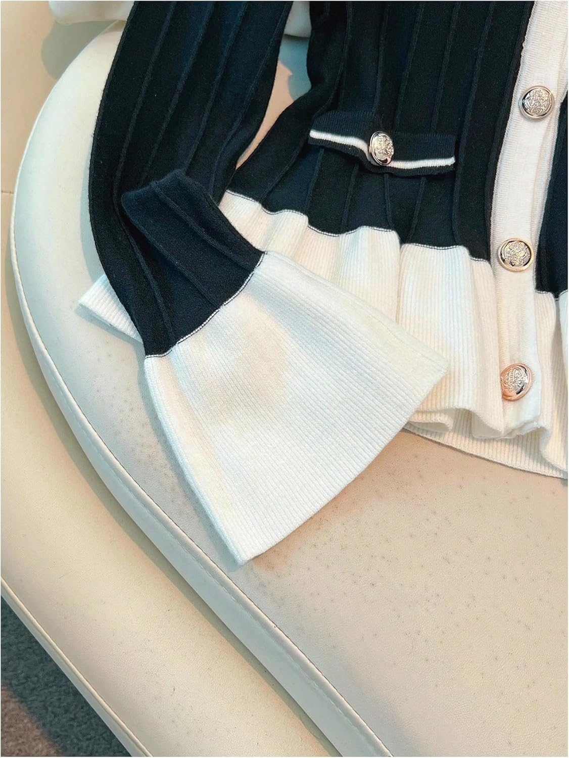 Verdusa Women's Elegant Button Up Cardigan Sweaters Colorblock Ruffle Knit Outwear Formal Outfits - Image 3