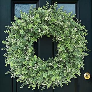 26'' Artificial Eucalyptus Wreath with White Seeds - Lifelike Weatherproof Greenery for Front Door, Porch, Farmhouse All-Season Outdoor Decor (Green)