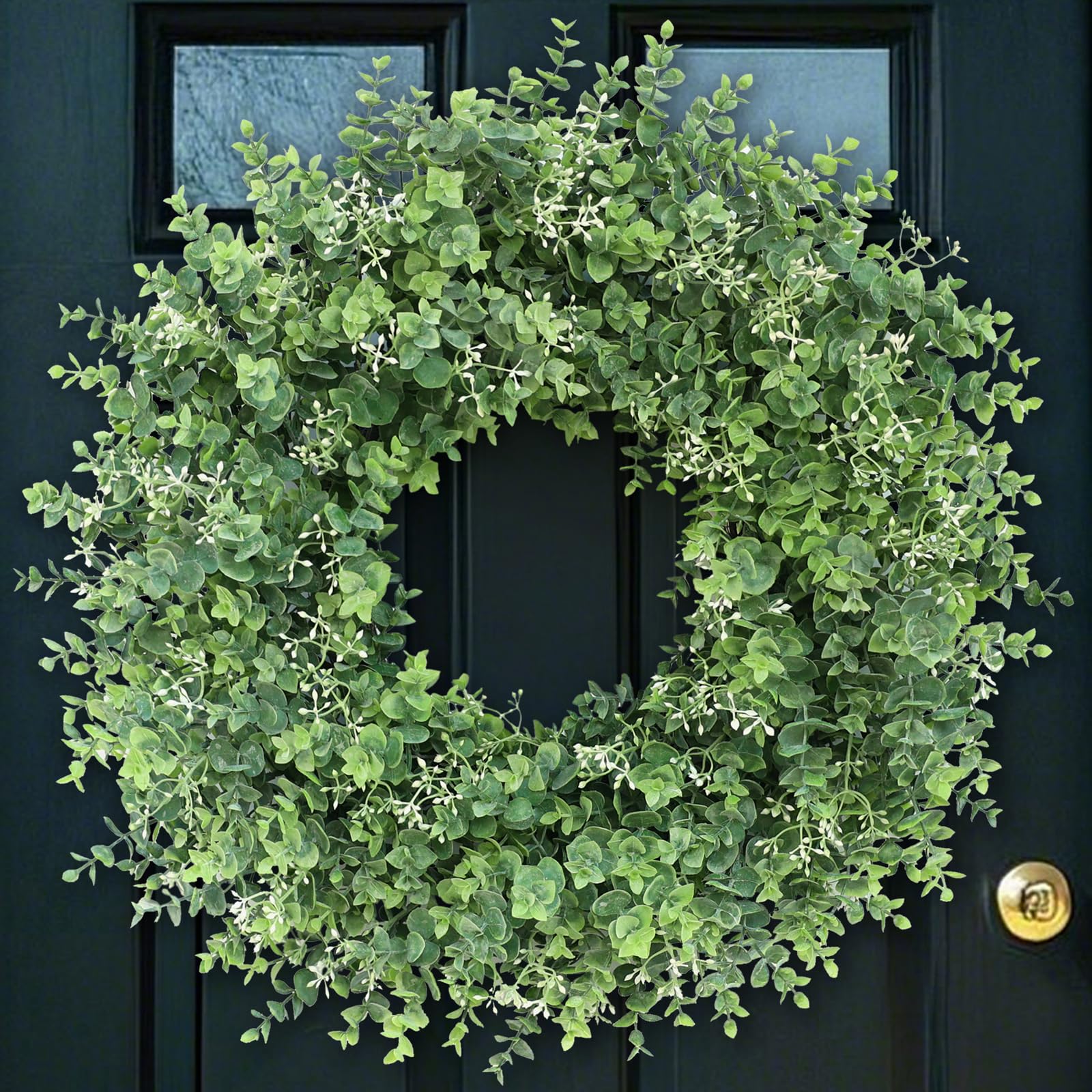 26'' Eucalyptus Wreath for Front Door - Large Artificial Eucalyptus Leaves with White Seeds Greenery Outdoor Wreath for Porch,Window,Farmhouse,Home,Hanging Decor- Spring, Summer, All Seasons (Green) ?