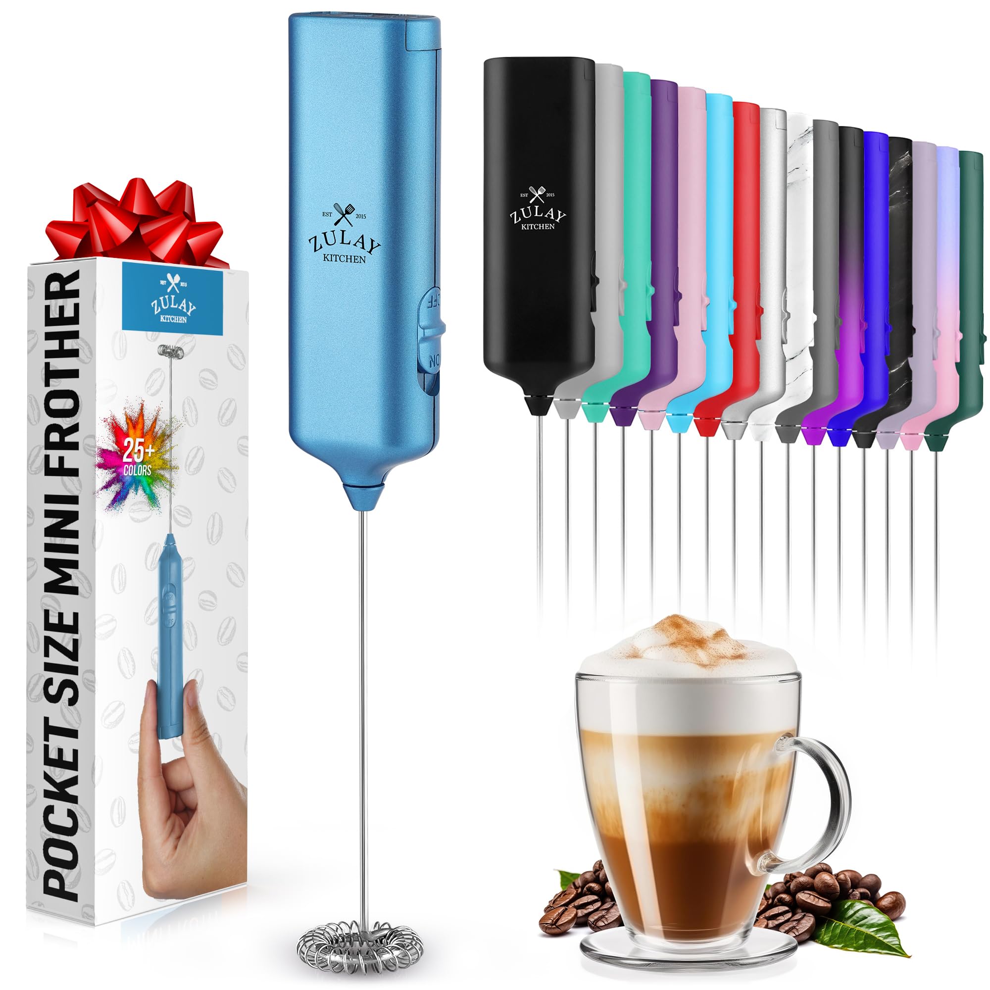 Mini & Mighty Milk Frother Wand – Powerful Handheld Coffee Frother, Battery Operated Drink Mixer – Compact Pocket Size – Detachable Whisk for Latte, Cappuccino, Matcha, Hot Chocolate – Metallic Blue