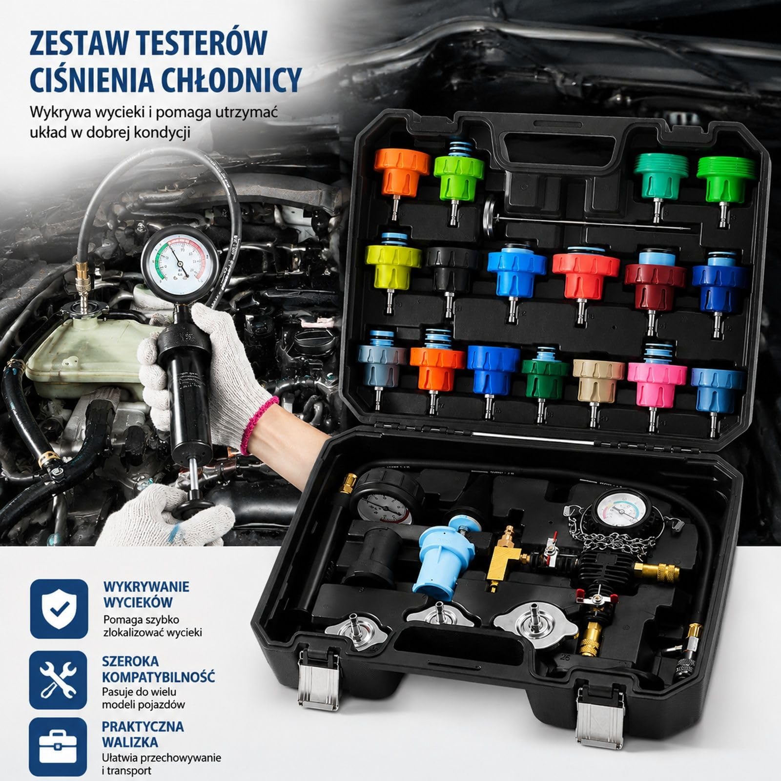28-częściowy zestaw do testowania ciśnienia płynu chłodzącego chłodnicy z pompą ręczną, 17 metalowymi adapterami, 3 nasadkami testowymi i termometrem