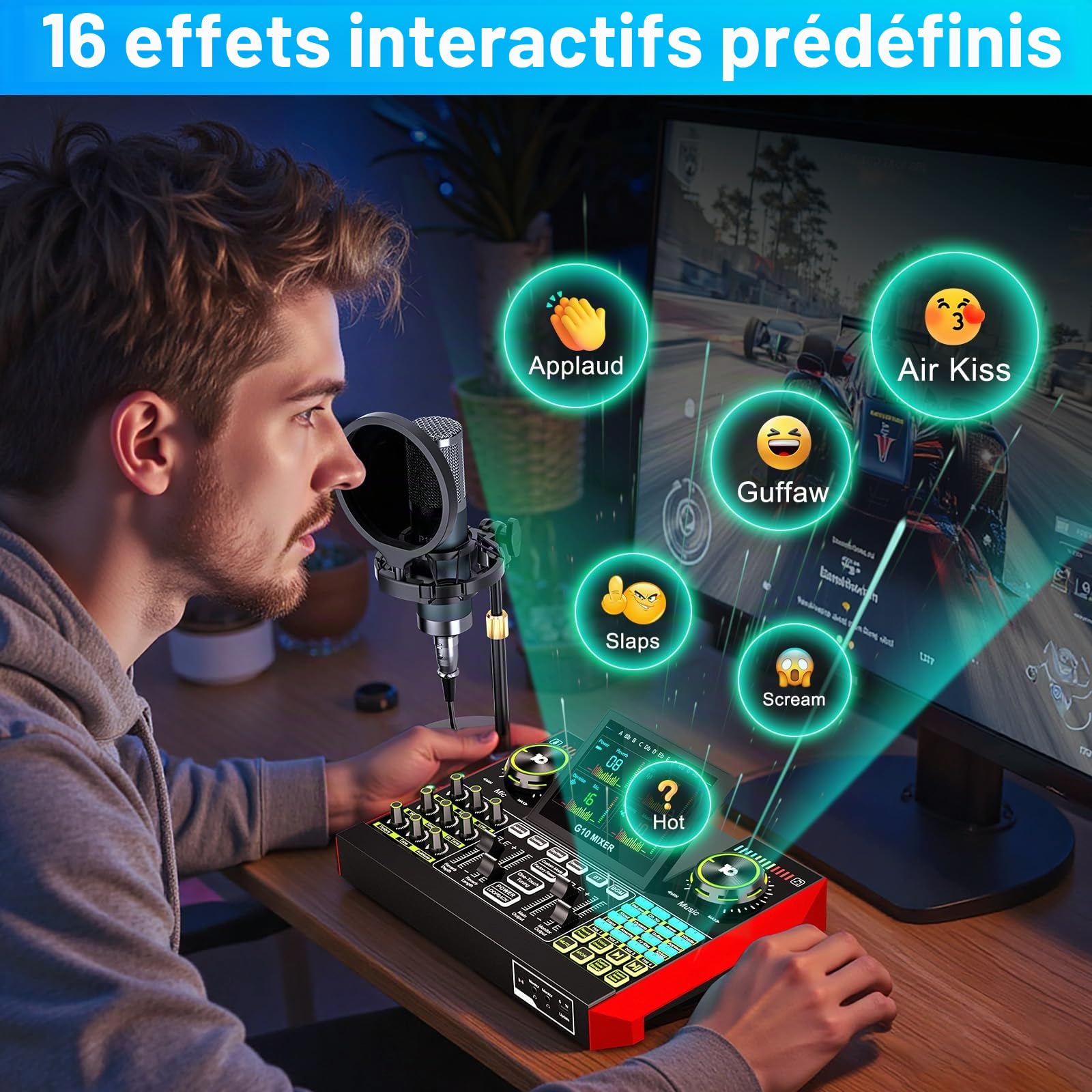 TENLAMP G10 Kit Podcast – Table de Mixage Live Sound Board, Micro Condensateur 3,5mm avec Support, Changeur de Voix, Correction Vocale, Réduction de Bruit, Monitoring – pour PC, Smartphone, Streaming