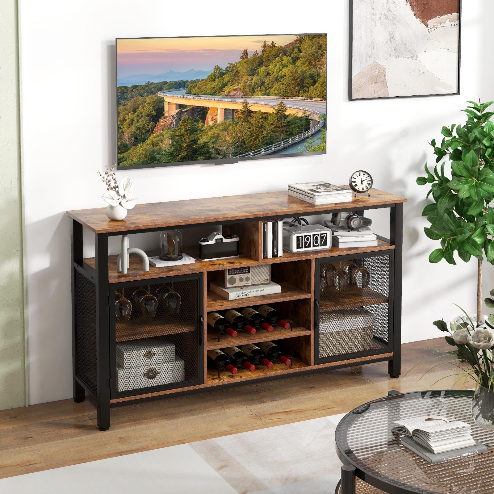 GOPLUS Mueble para Vinos, Estación de Café de 140 Cm con Estantes para 8 Botellas de Vino y Soportes para Copas, Aparador de Cocina con Almacenamiento para Comedor, Sala de Estar (Marrón)