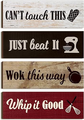 Jetec 4 letreros rústicos de madera para cocina, decoración de pared de cocina, decoración sobre gabinete, impresiones para hornear, decoración