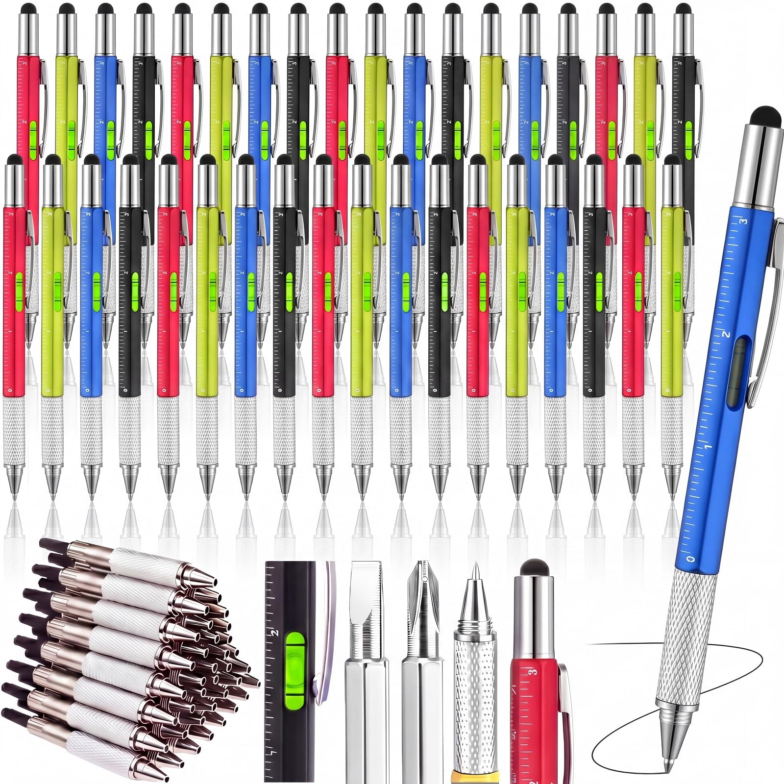 Photo 1 of Yeaqee 80 Pcs Father's Day Men Gifts:6 in 1 Multi Tool Pens with Refills Ruler Level Gauge Bulk Multi-functional Pens for Adults Men Dad Husband Father's Day Birthday Gifts (Vivid Color)