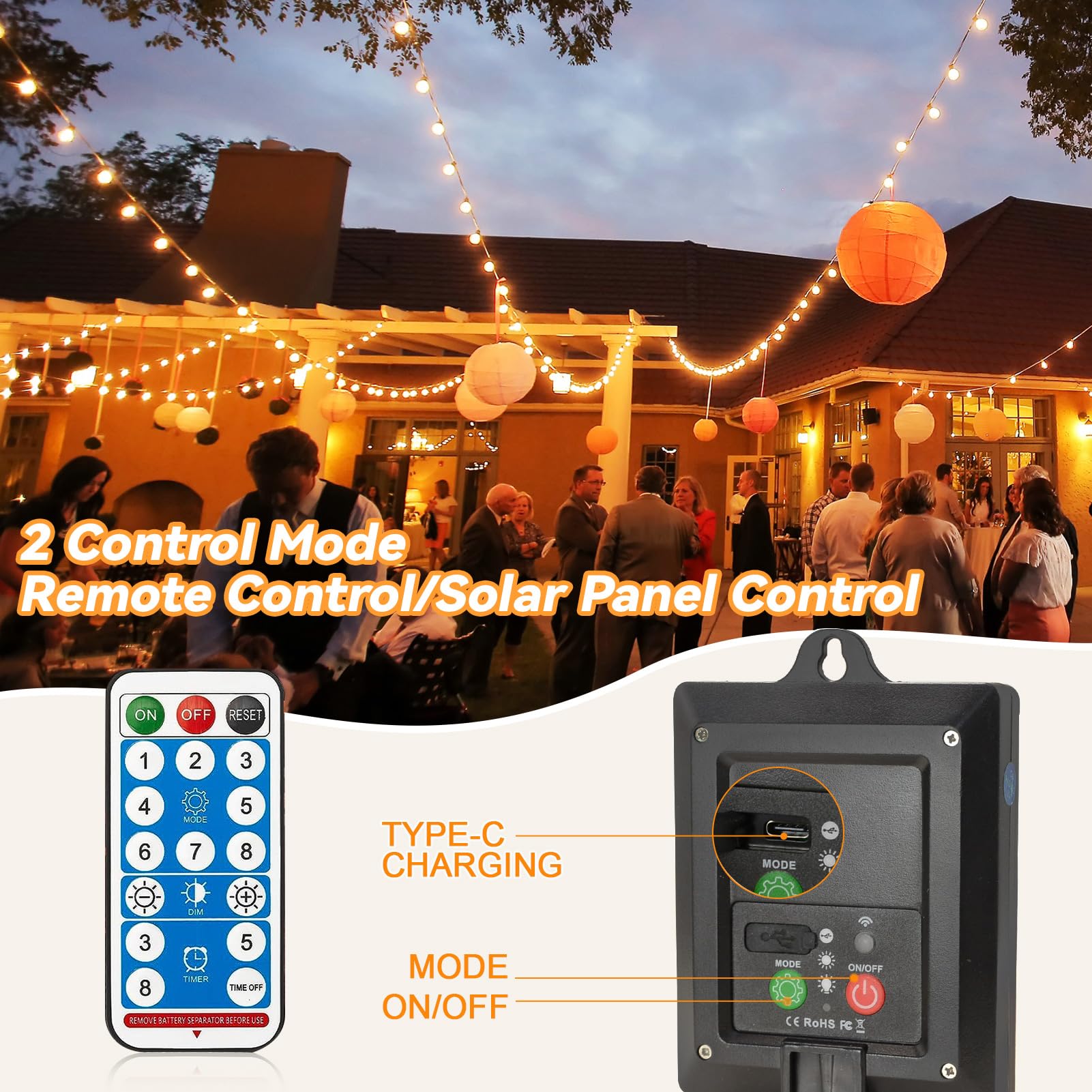 Romwish Luci Esterno Solare, 9M Catena Luminosa Esterno Solare 8 Modalità Impermeabile con Telecomando, Luci Natale Decorative per Giardino Natalizie Albero