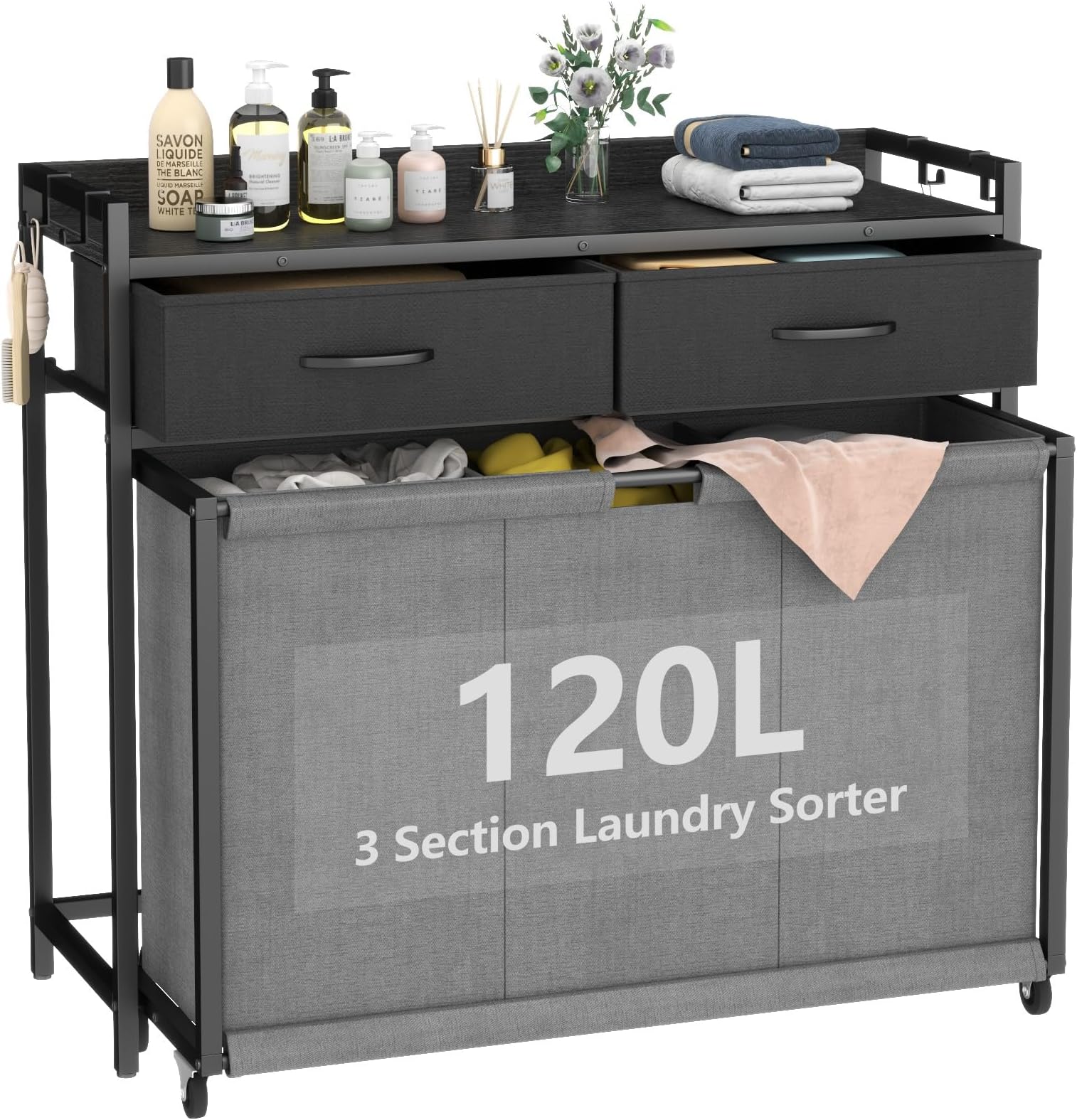 Laundry Hamper Laundry Basket with 3 Section Pull-Out Rolling Bags, Laundry Sorter for Organization and Storage with 2 Pull-Out Drawers for Laundry Room, Bathroom, Bedroom Use (Black)