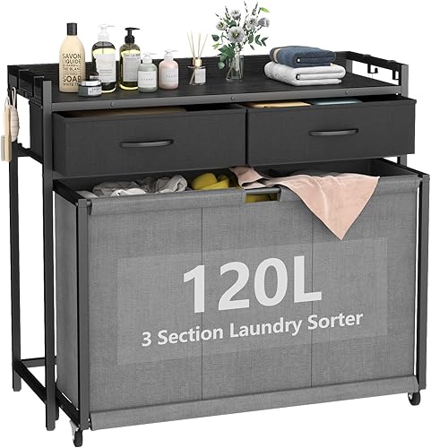 STIKELY Cesta de lavandería con bolsas enrollables extraíbles de 3 secciones, clasificador de ropa sucia para organización y almacenamiento con 2