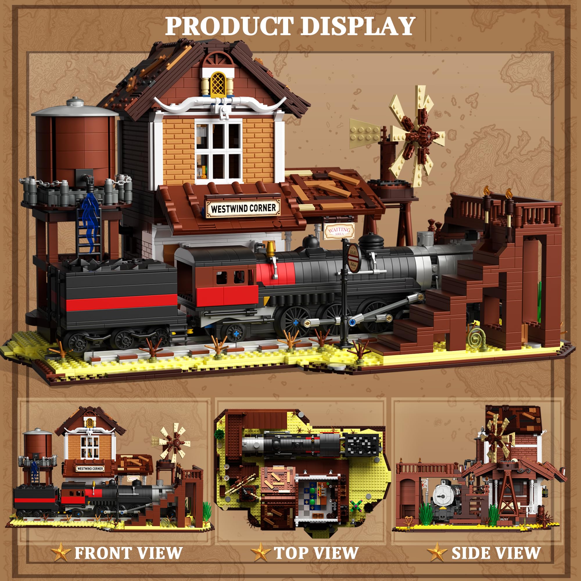 Mavo brix Set di Costruzione Stazione Ferroviaria Western per Adulti, 3885 Pezzi Modello di Treno a Vapore del Far West con Stazione, Set da Collezione Decorativo per Adulti e Ragazzi 14+