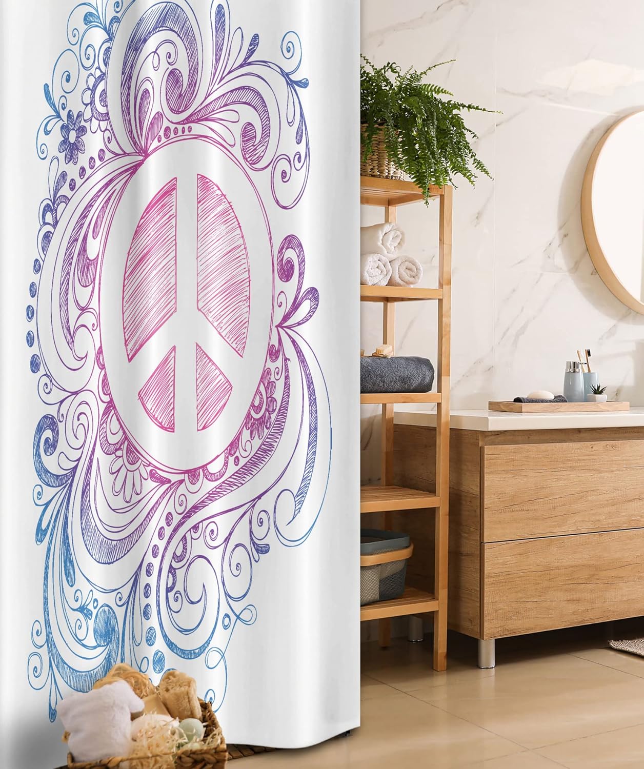 Ambesonne Groovy Stall Shower Curtain, Classic Hand Drawn Style Peace Sign and Swirls Freedom Change Hope Roll, Fabric Bathroom Decor Set with Hooks, 36" W x 72" L, Pink Blue White