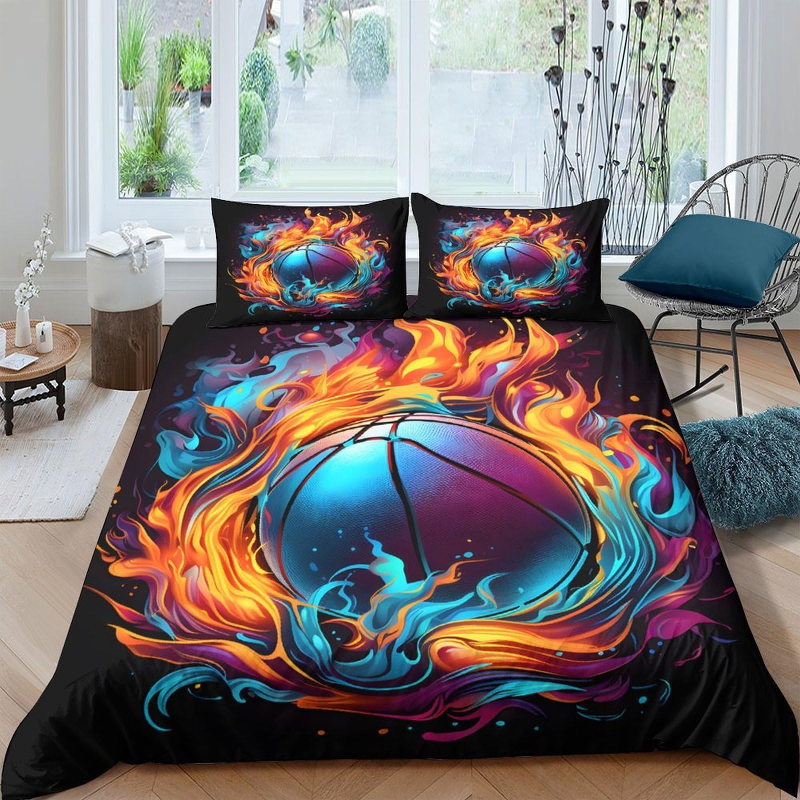 Ctjqhvkz Style-2 3D Printed Fire Basketball Fitted Sheet Microfiber Vibrant Bed Cover For Bedroom Dorm Mattress Protection Decor Single（135X200cm）
