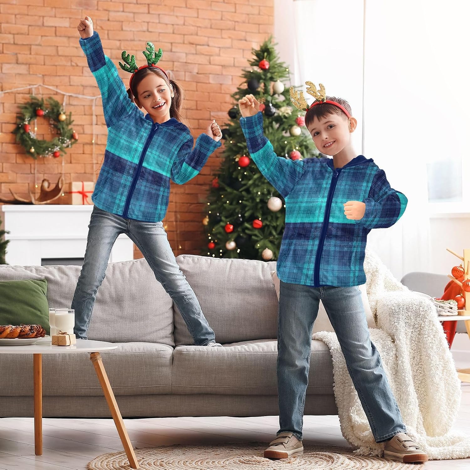 Blue Gradient Plaid Toddler Zip Up Jackets Outerwear Baby Boy Hooded Fleece Jacket 3T