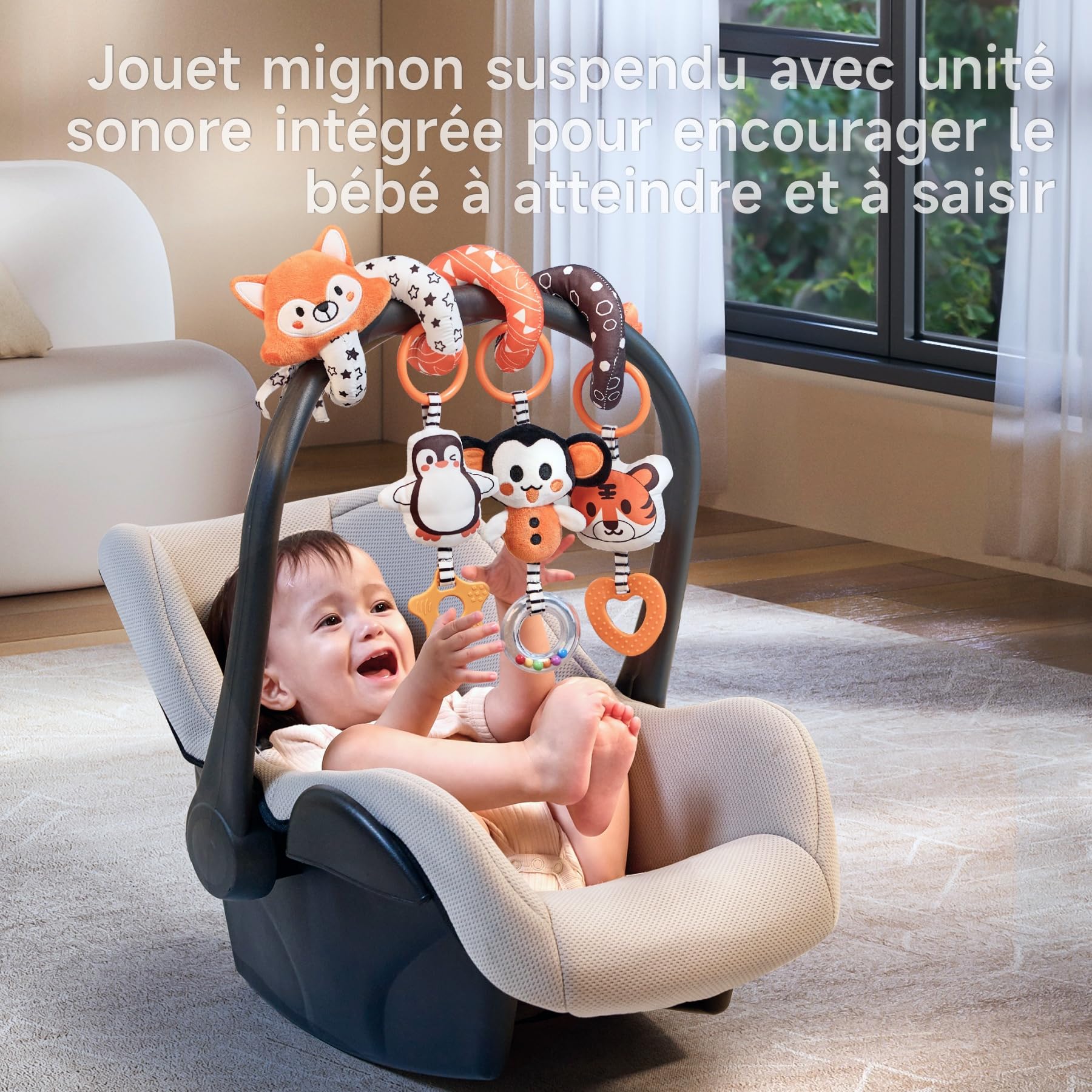 TUMAM 2 en 1 Spirale D'activité Bébé Avec Arche Eveil Jouet Poussette Pour Bebe 0 3 6 9 Mois, Jeux Eveil Suspendre Avec Hochet Et Anneaux De Dentition Pour Auto, Stroller Arch, Berceau, Peluche Cadeau
