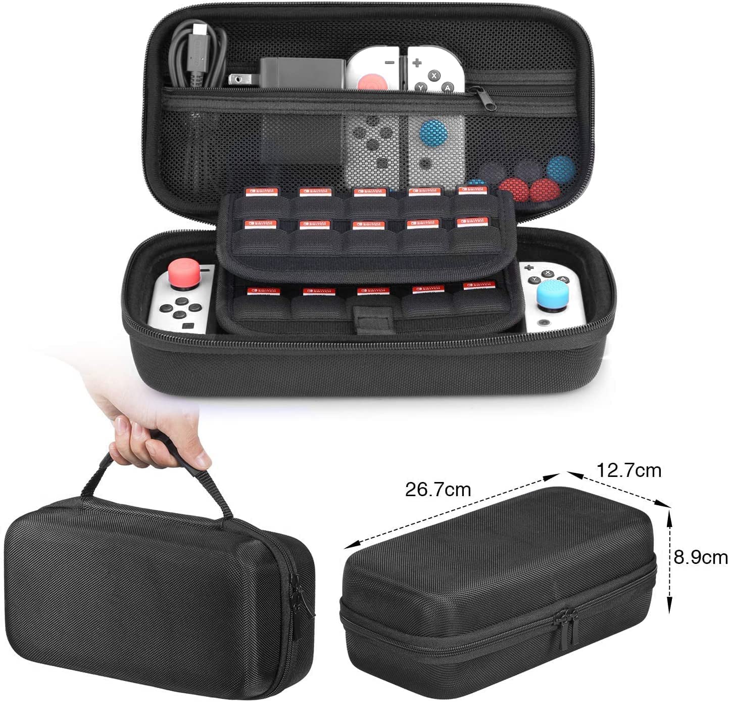 HEYSTOP Switch Case / Switch OLED Case Accessories Compatible with Nintendo Switch & OLED Model, Carry Case with Joycon Grip / PlayStand / Thumb Grips Caps for Nintendo Switch & OLED Model, Black