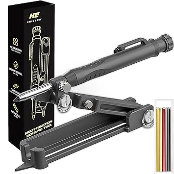 Hmyl Easy Multi-function Scribing Tool, Smart Scribe Tool with Solid Carpenter Pencil, DIY Woodworking Scribe Gauge Scriber Line Maker Measuring Tool made of Zinc Alloy, Black