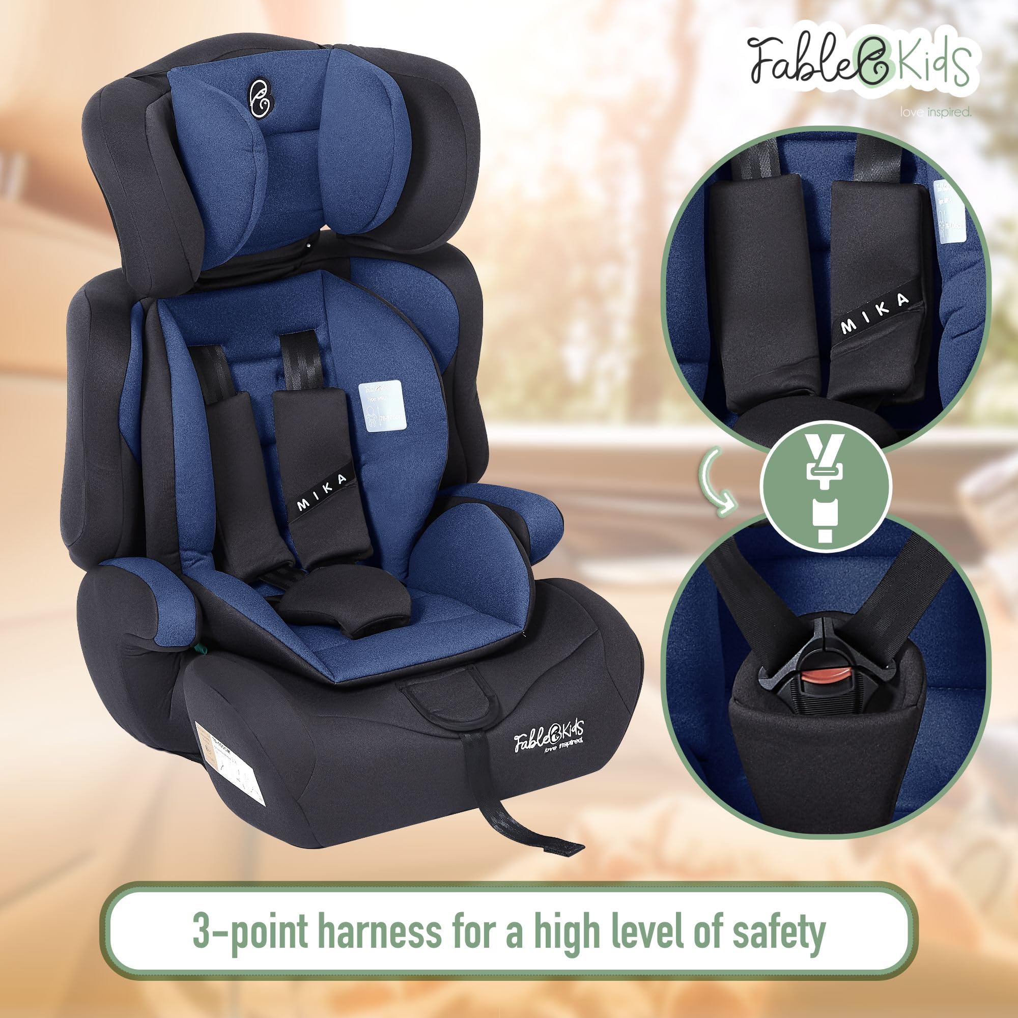 FableKids Fotelik dziecięcy | 5-punktowe szelki bezpieczeństwa | Grupa 1+2+3 dla 9-36 kg | Regulowany zagłówek | Zdejmowane oparcie | Regulowane (44 x 44 x 66-78 cm) (niebieski)