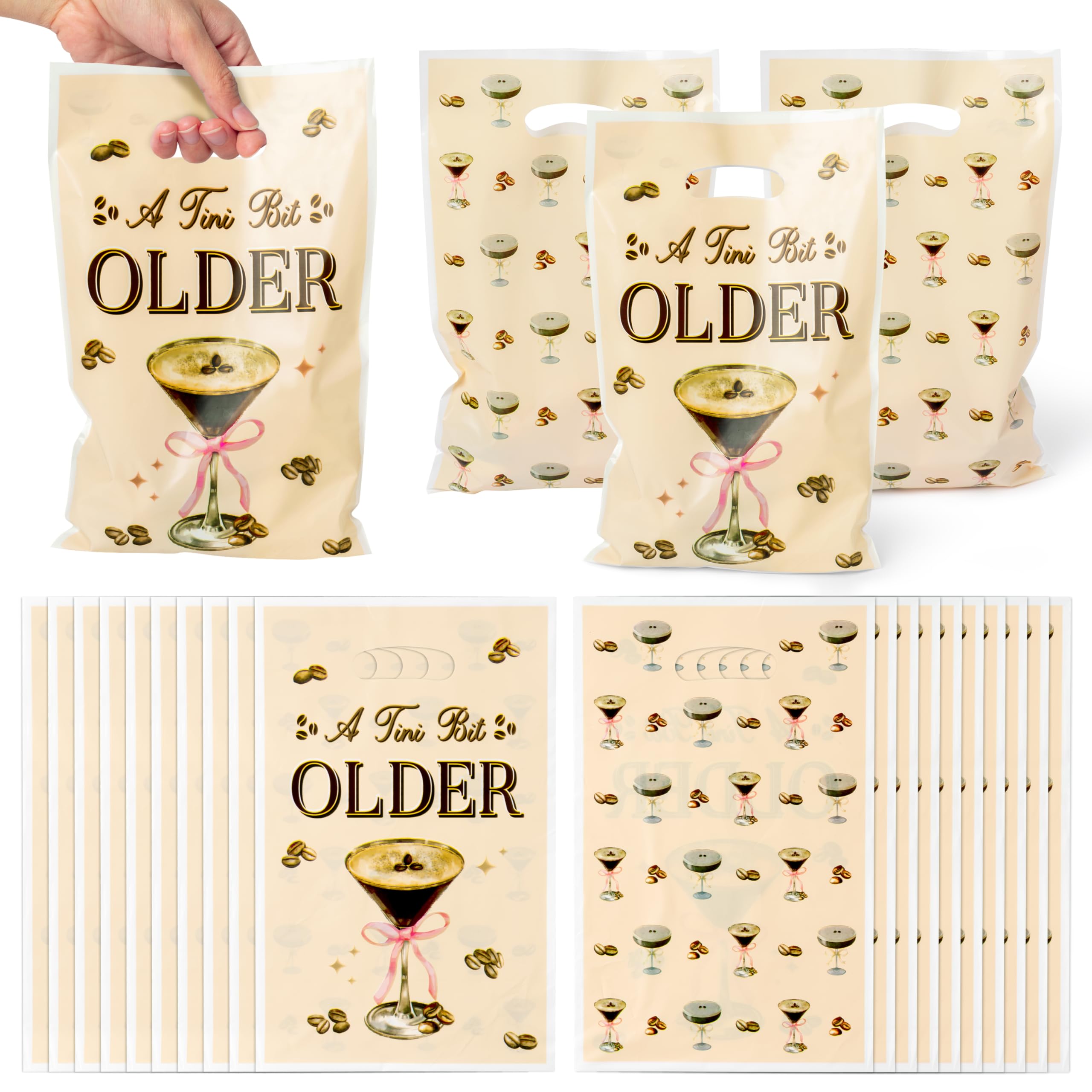 ArowlWesh 50Pcs Coffee Martini Party Favor Bags A Tini Bit Older Birthday Themed Decoration Martini Espresso Plastic Goodie Candy Treat Bag for
