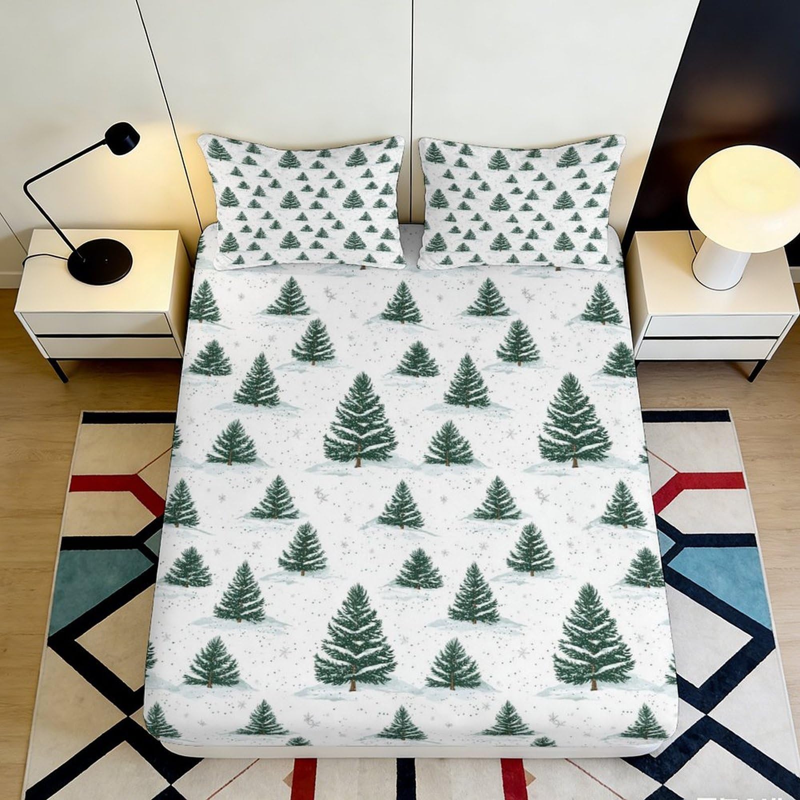 Pnayamiorkfel Style-4 3D Printed Snowy Pine Tree Fitted Sheet Microfiber Soft Anti-Slip Bed Cover For Bedroom Guest Room Decor 90X200x25cm