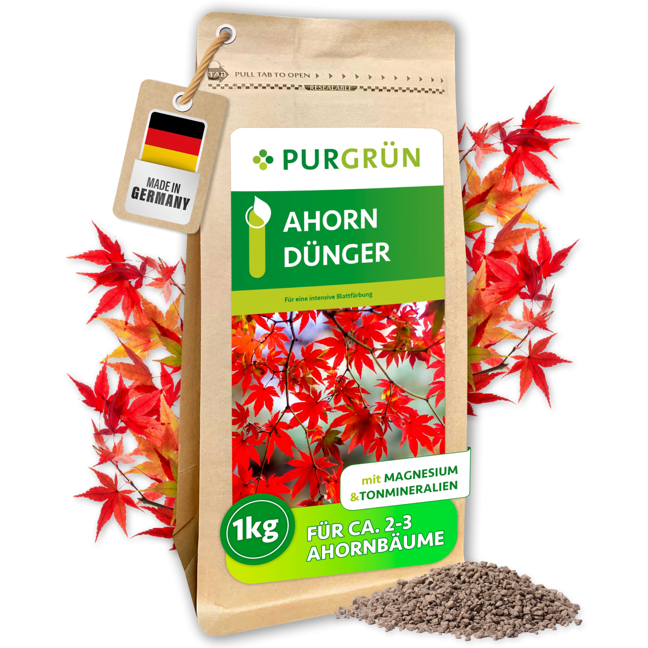 Ahorn-Dünger 1 kg – Organisch-mineralische Rezeptur – Feinkörniges Krümelgranulat – NPK 9+4+8 – Mit Magnesium & Tonmineralien – Extra Kalium für Widerstandsfähigkeit – Für gesunde Ahornbäume