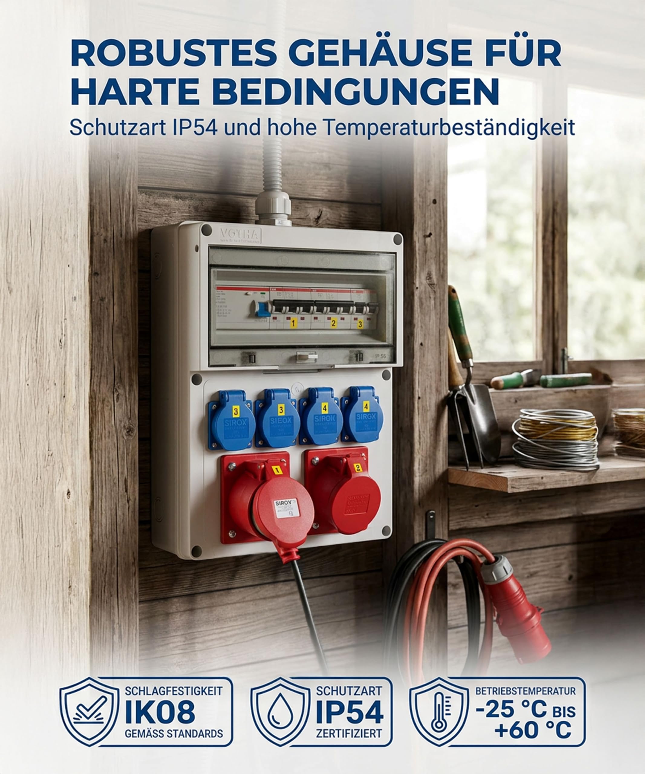 JÄGER VOTHA Wandverteiler Würzburg, Steckdosenkombination zur Wandmontage, fertig verdrahtet, CEE 32A & 16A, 4x 230V Steckdose, FI & LS Schalter, IP54, abschließbare Makrolonabdeckung