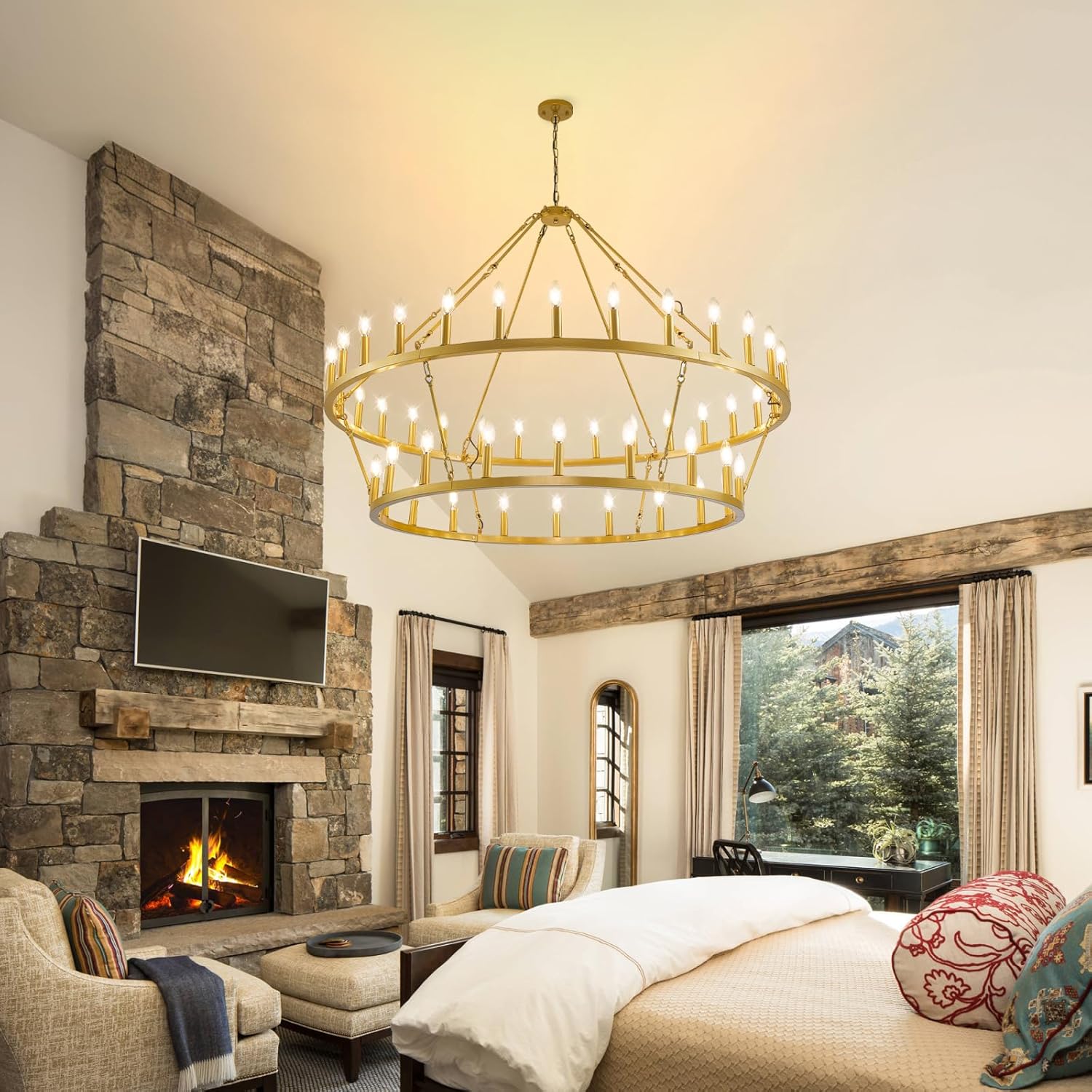 WJShome 57 Inch Gold Wagon Wheel Chandelier: A Show-Stopping 2 Tier 48-Lights Farmhouse Dining Room Light Fixture, Perfect for Rustic Kitchen Island & Extra Large Foyer Spaces!