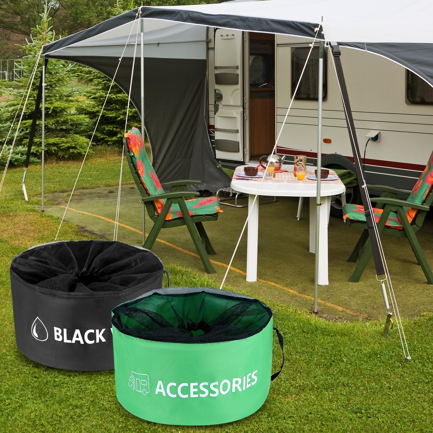 QWORK 4-Pack Waterproof RV Hose Bag Storage - Includes Fresh Water, Black Water, Electrical & Accessories Bags - Heavy-Duty Breathable Mesh, Sewer Hose Storage Bag