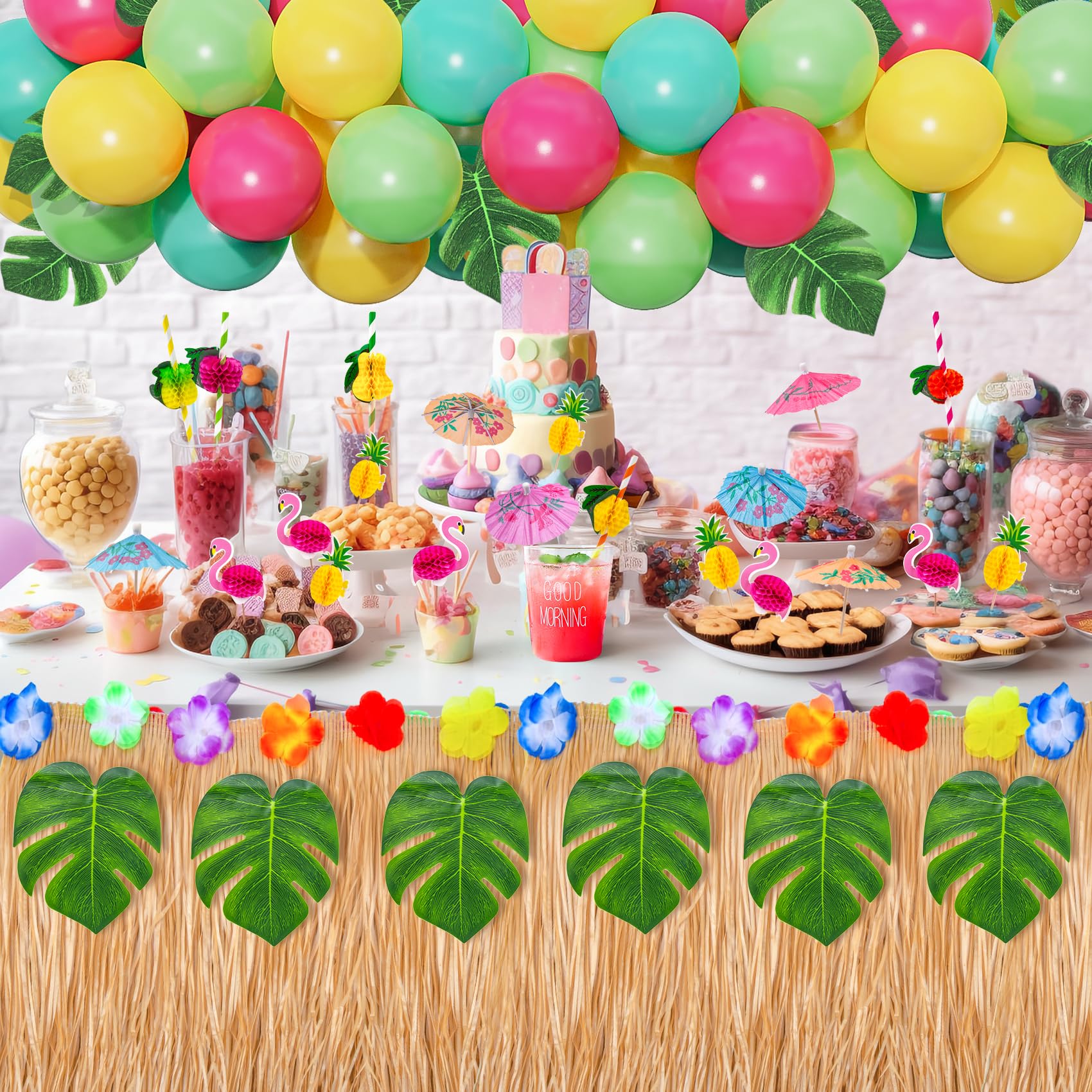 74 Pezzi Riutilizzabile Gonna Tavolo Hawaiana (75 * 275cm), Oro Tovaglia da Tavolo Hawaiian, Hawaiian Luau Gonna da Tavolo Set con cannucce di frutta 3D Palloncini Foglie di Palma Cake Topper