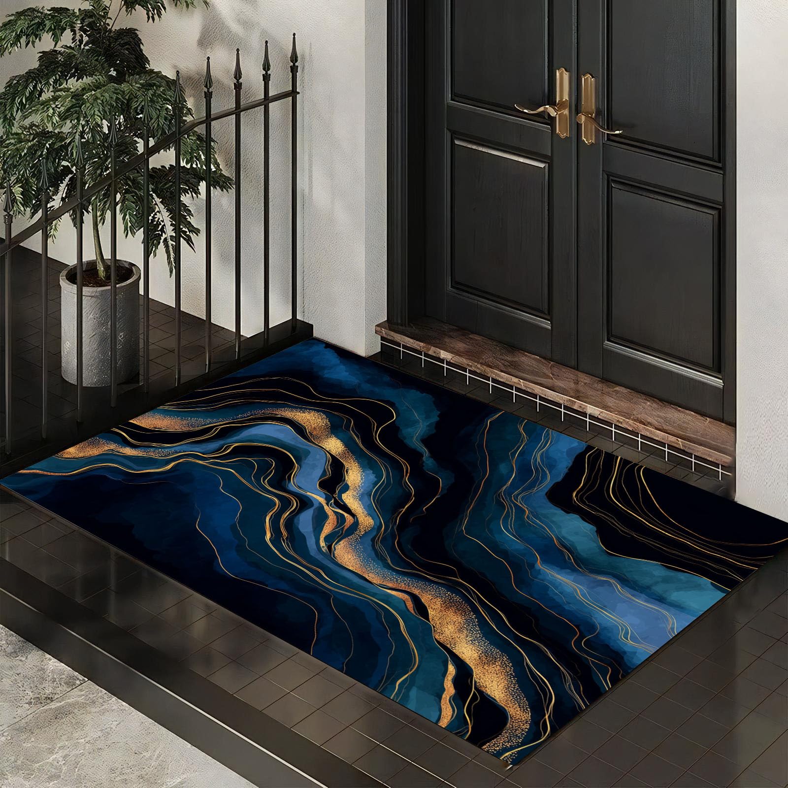 Paillasson interieur entree antidérapant bleu marine marbré 60x90 cm