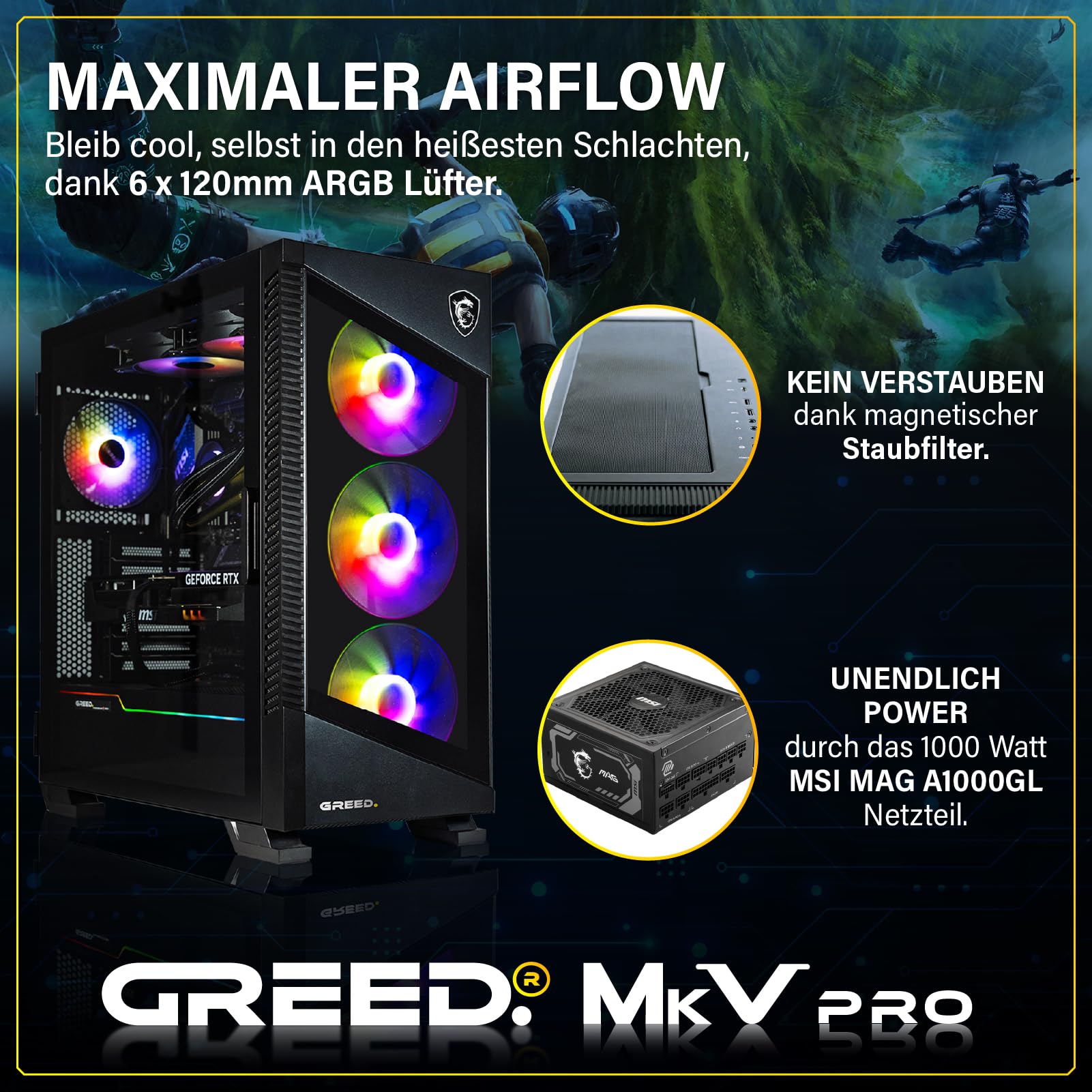 Greed® MK5 Pro - High End Gaming PC - Intel Core i9 12900KF + Nvidia Geforce RTX 5080 16GB - Schneller RGB Computer + 4K Raytracing Rechner - 5,2 GHZ - 32 GB DDR5 RAM - 2TB SSD - WLAN + W11 Pro