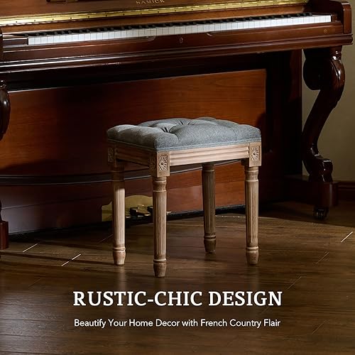 Miniatura 4 de VONLUCE Taburete francés vintage con patas de madera rústica y asiento acolchado, taburete tapizado de espuma viscoelástica de 18.5 pulgadas de alto