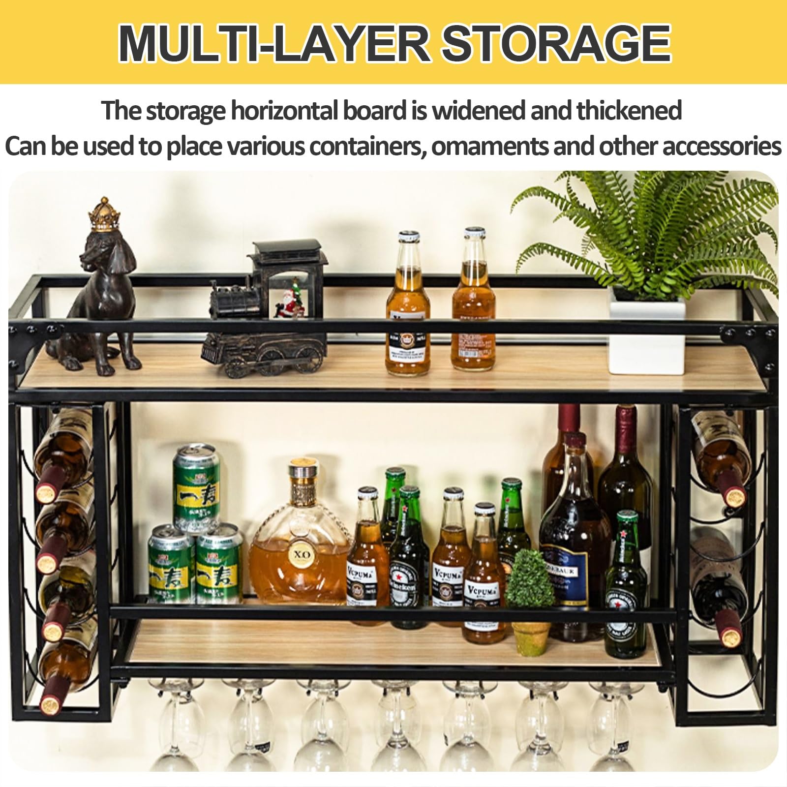 Botellero LED montado en la pared, soporte de metal para botellas y vasos, estante flotante para licor para decoración de cocina y bar, elegante exhibición de almacenamiento de vino (120 x 55 cm