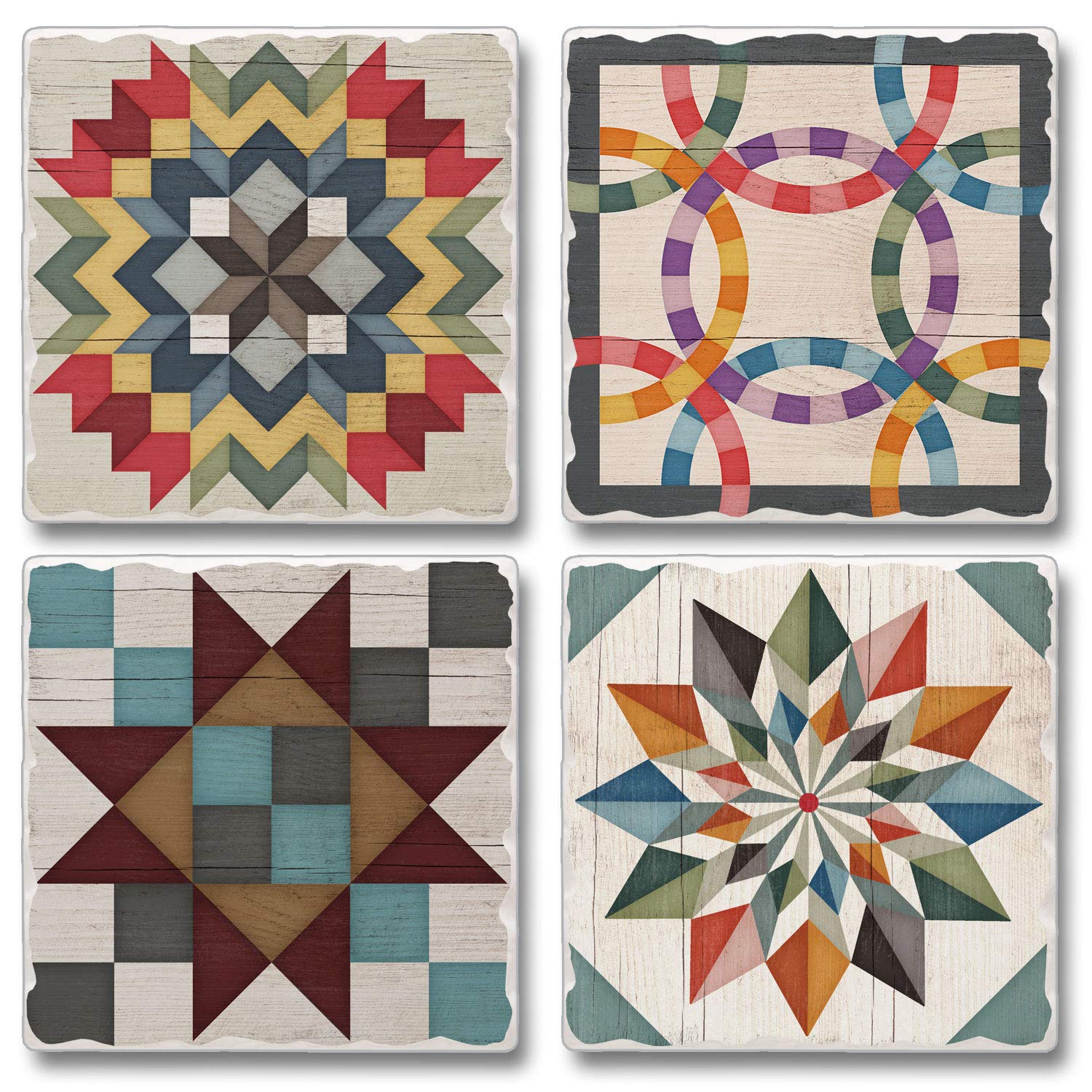 Thirstystone Barn Quilt Patterns 4-Pack Tumbled Tile Stone Coasters Manufactured in The USA Absorbent Easily Wipes Clean