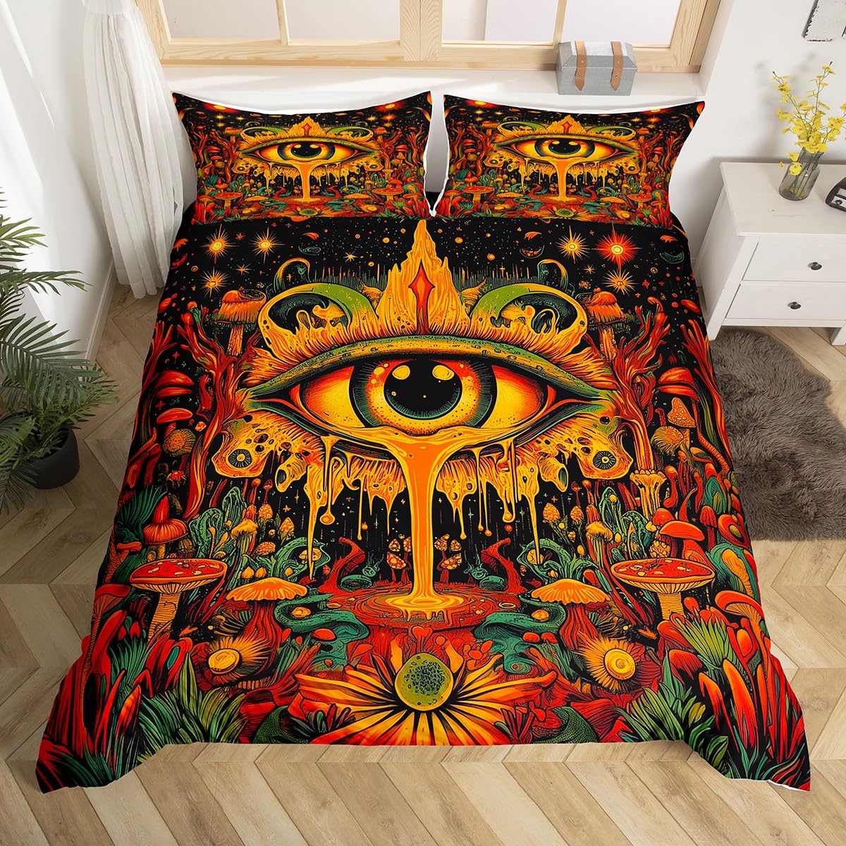Devil's Eye Duvet Cover Double Size,Terrifying Style Green Plants Comforter Cover for Adults Kids Bedroom Decor,Sun Mushroom Eyeball Decorative Bedding Set(No Comforter),2 Pillowcases