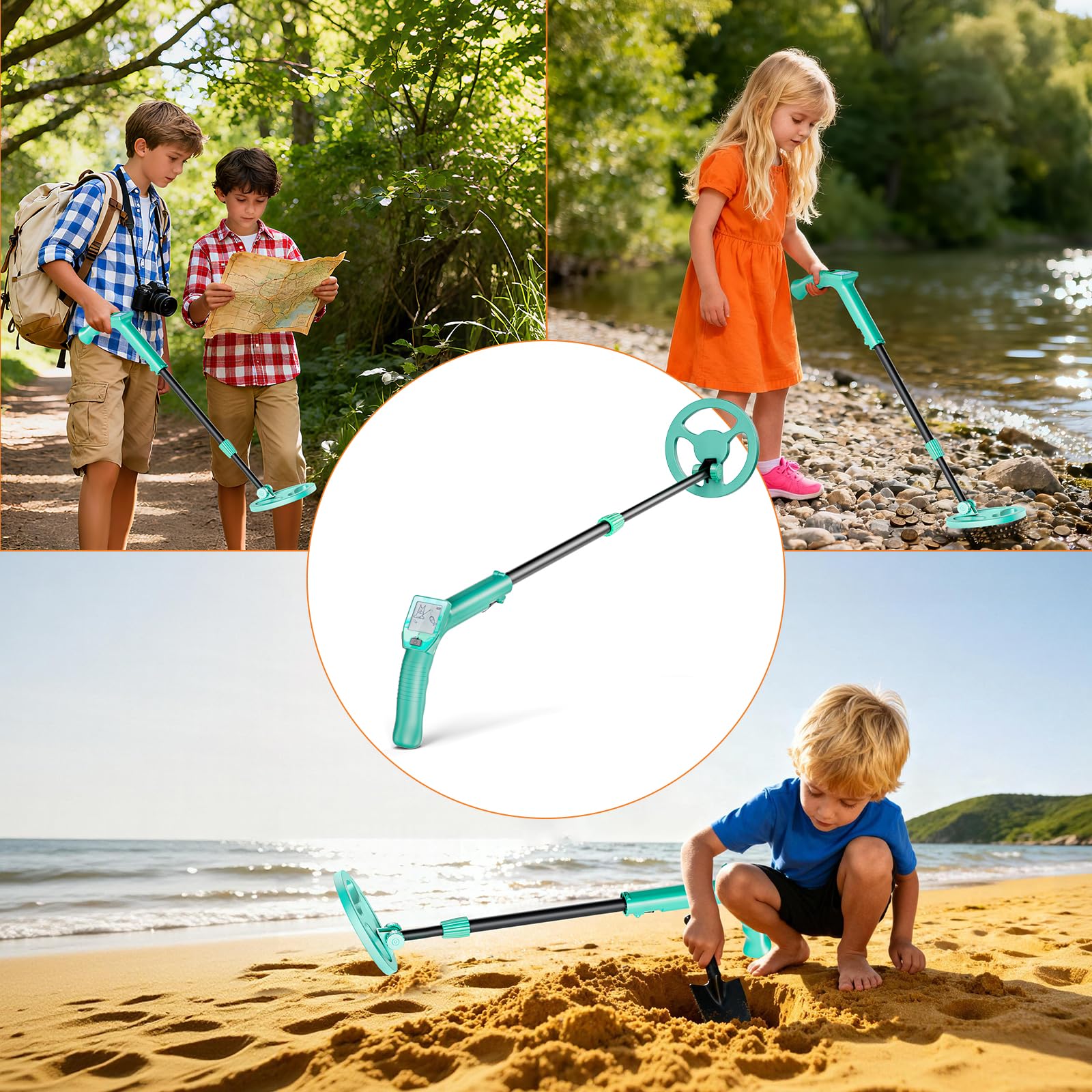 Metal Detector Bambini, Metal Detector per Bambino Leggero con Asta Regolabile 66-83 cm, Display LCD e Bobina di Ricerca Impermeabile, Pala, Rastrello, Setaccio e Borsa, Verde