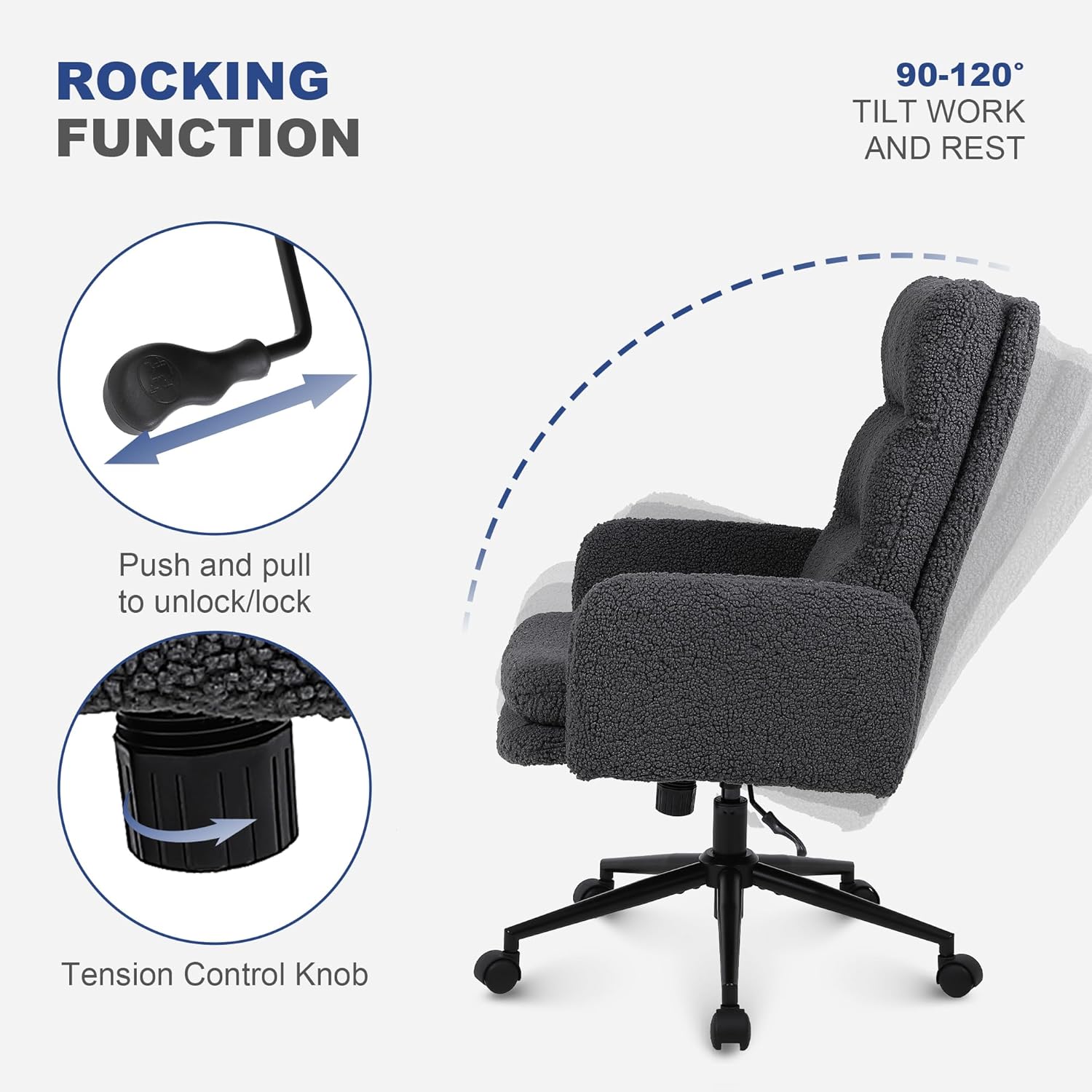 Diagram showing the rocking function lever and tension control knob of the office chair