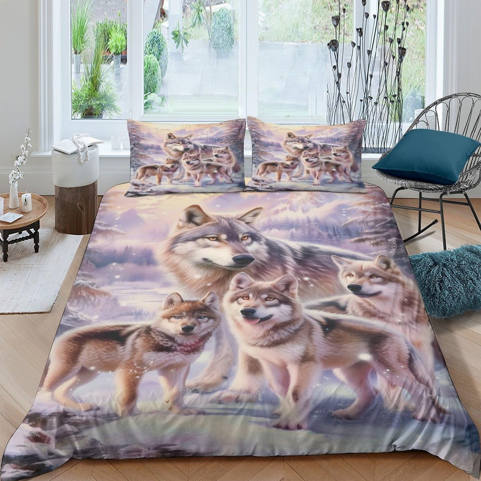 Ctjqhvkz Style-6 3D Printed Wolf Family Fitted Sheet Microfiber Soft Breathable Forest Landscape Bed Cover For Bedroom Dorm Mattress Decor Single（135X200cm）