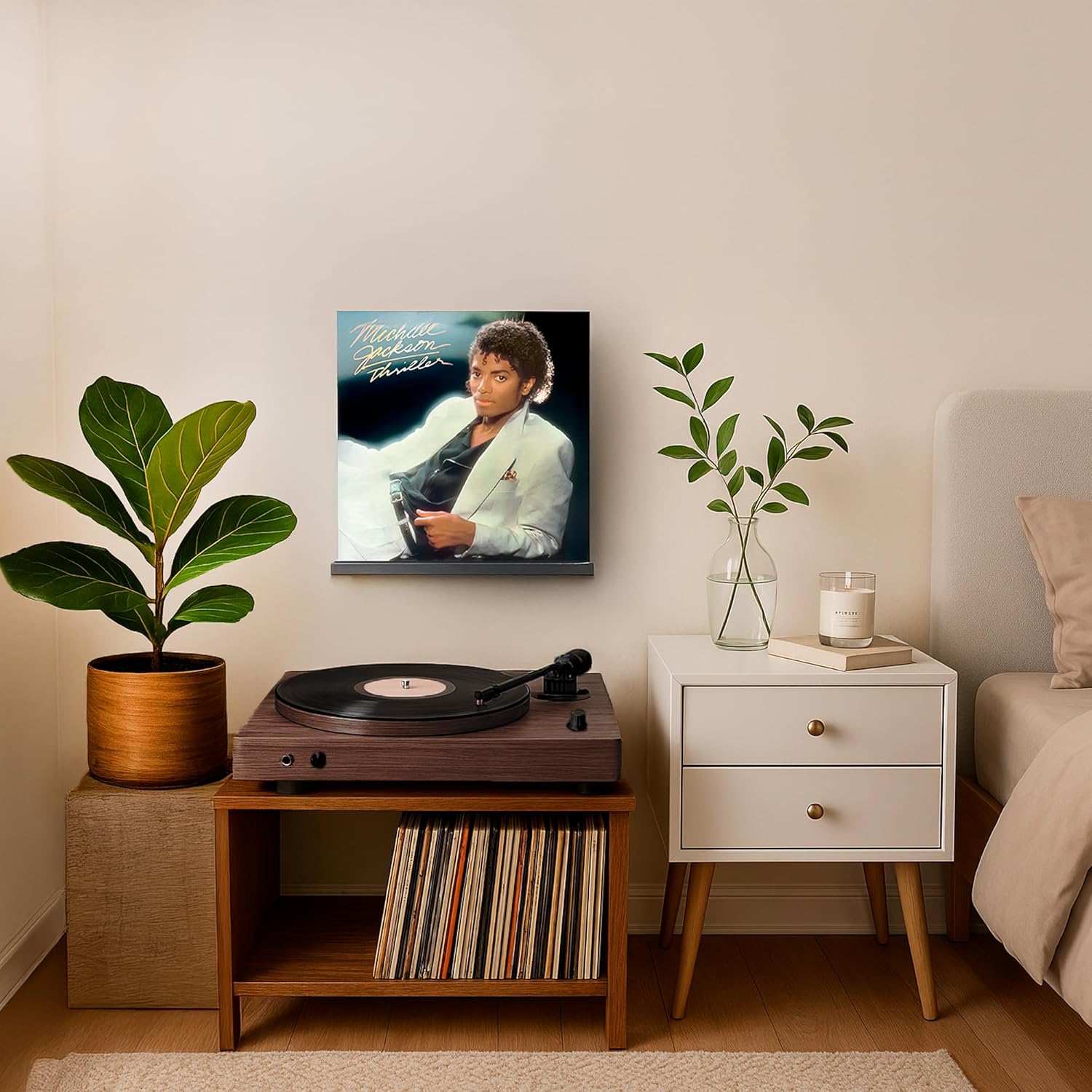 VOL-KI 4-Pack Vinyl Record Shelf Wall Mount – Solid NZ Pine Wood Floating Vinyl Display Shelf & Record Holder, Includes Now Playing Display, Marking Strip & Mini Level, record wall display (Black)