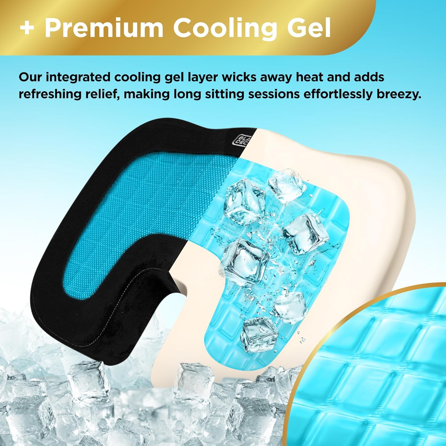 BLACK+DECKER Gel Seat Cushion – Gaming Chair & Office Chair Cushion with Cooling Memory Foam for Sciatica Pain Relief – Ergonomic Car, Desk, Airplane Travel Pillow, Washable Cover, Non-Slip